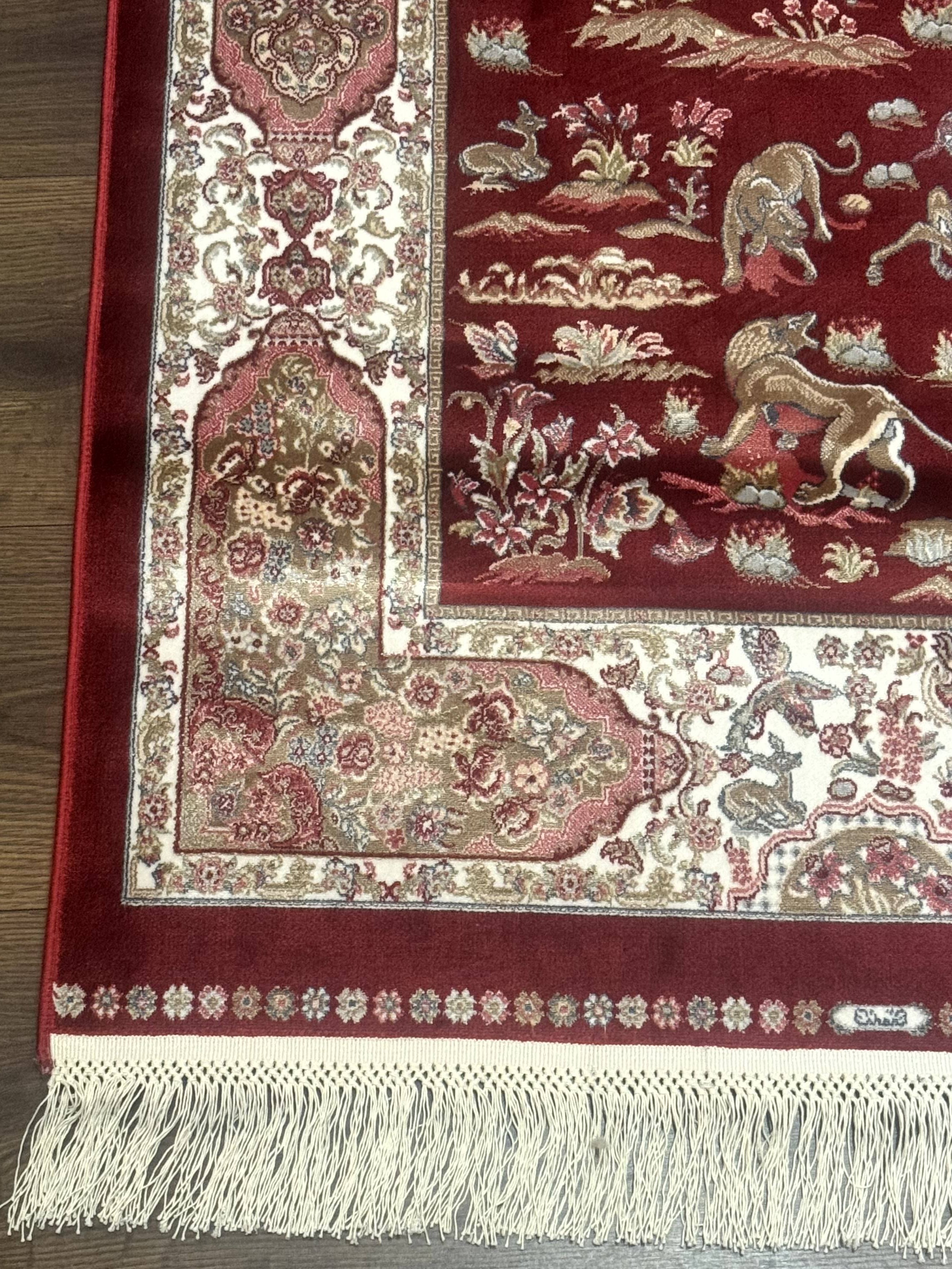 Turkish Silk Rug 2.6 x 6.7, Hunting Design, Short Runner Rug, Red & Ivory, Bamboo Silk, New