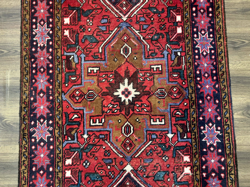 Persian Heriz Karajeh Runner Rug 3.7 x 12, Geometric Medallions, Red and Navy Blue