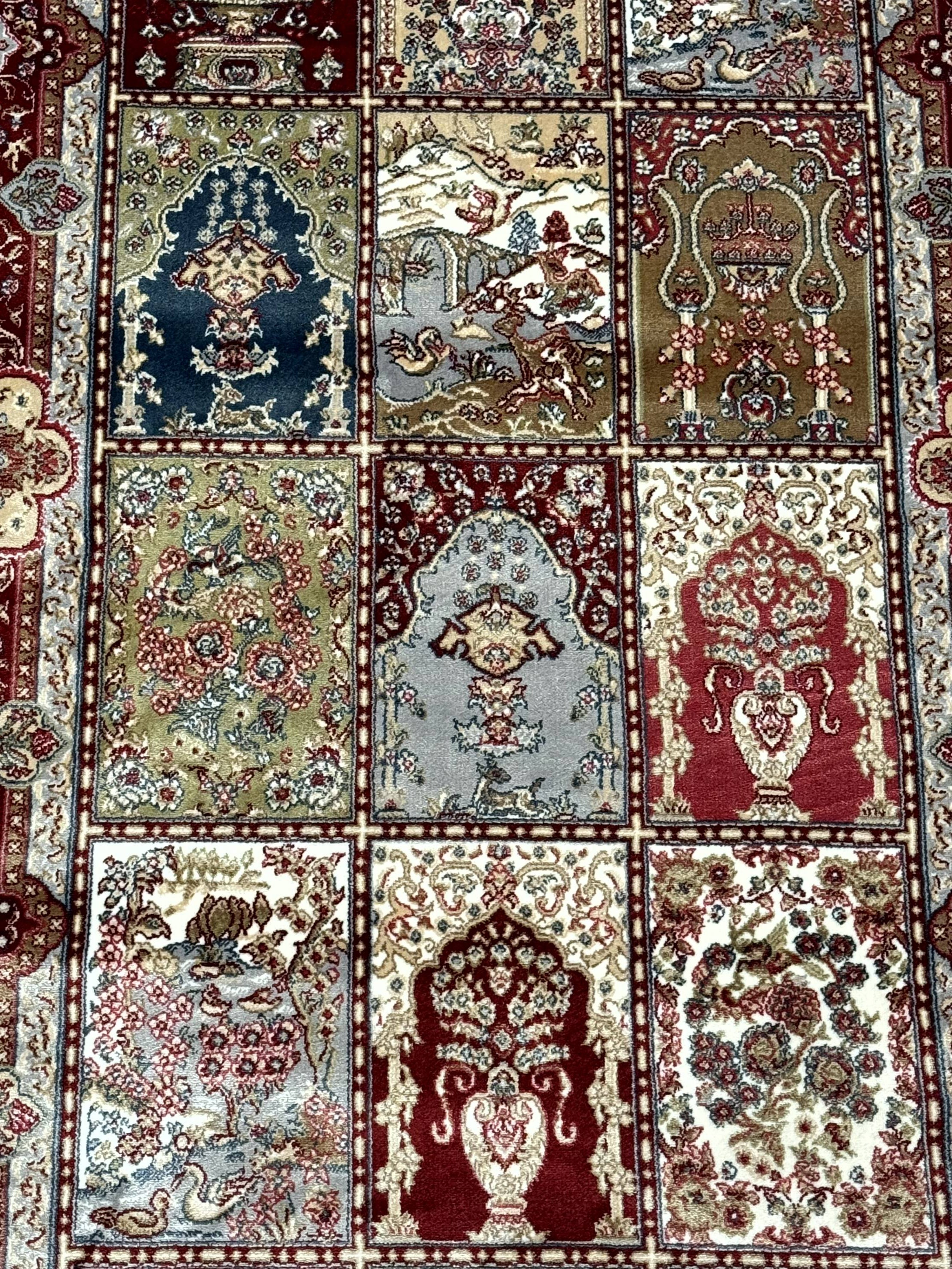 Turkish Silk Runner Rug 2.6 x 11.6, Panel Design, Dark Red Ivory, Bamboo Silk, New