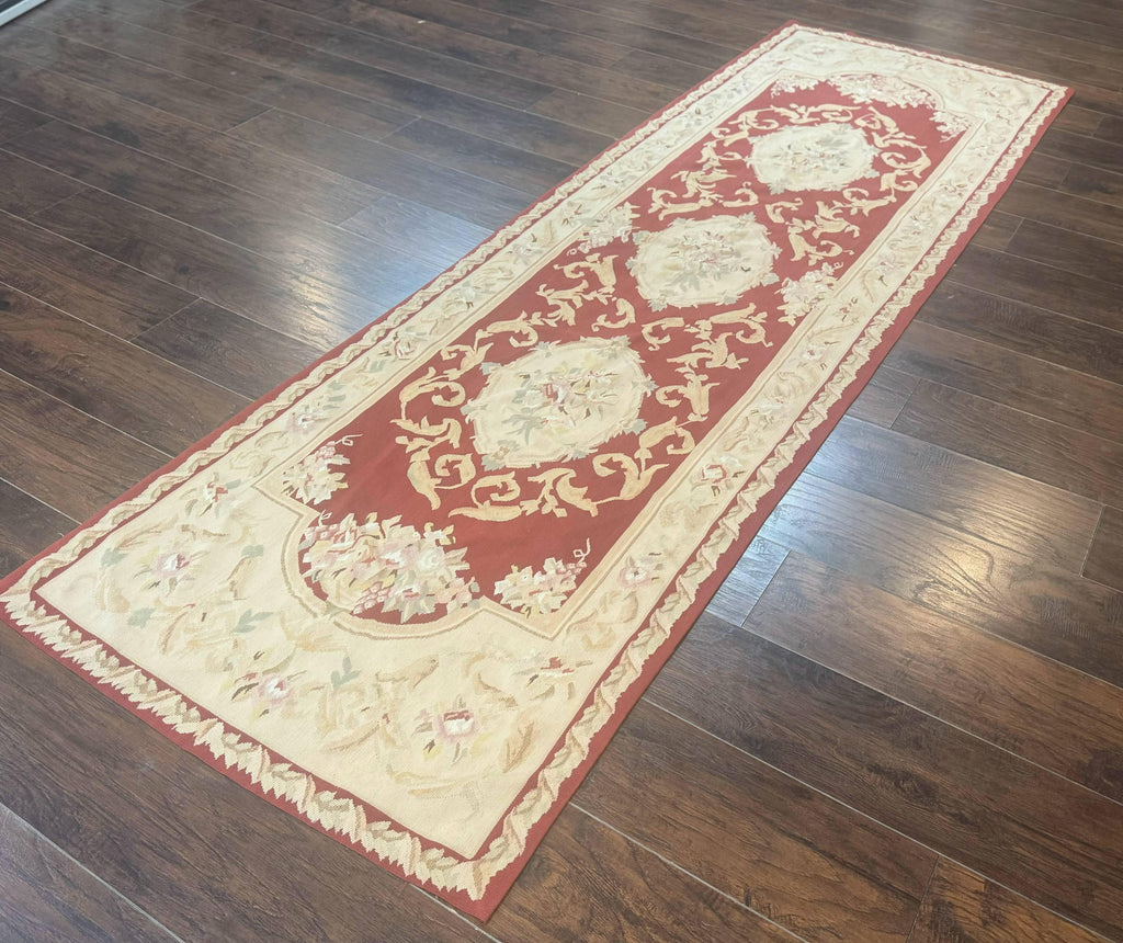 Aubusson Runner Rug 3x10, European Design, Red and Beige, Elegant, Handmade Wool Rug