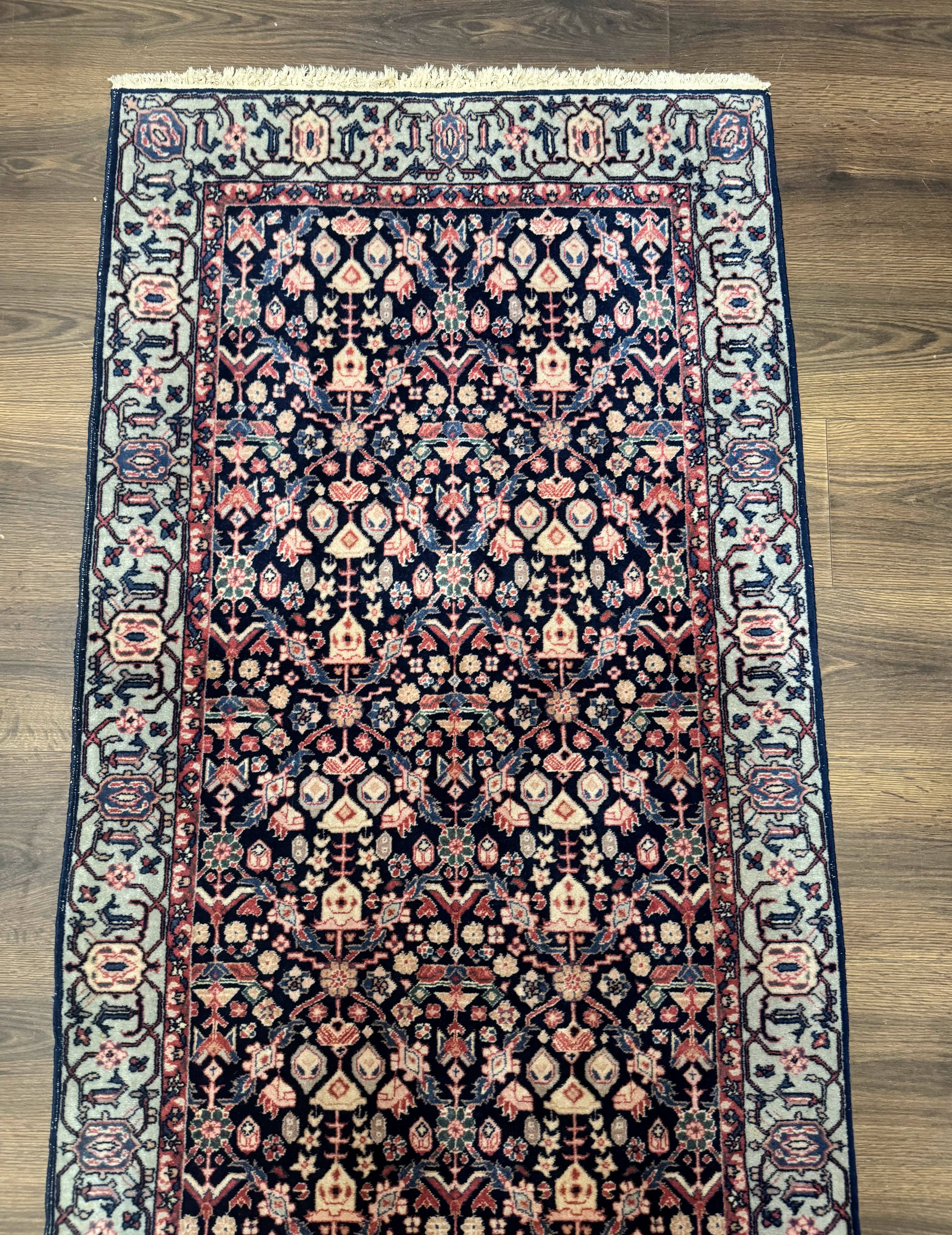 Indo Persian Runner Rug 2.8 x 12, Navy Blue, Floral, Fine 270 KPSI
