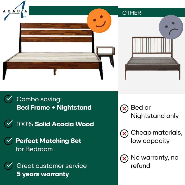Emery Bed Frame & Nightstand Set - Acacia Solid Wood Bedroom Furniture