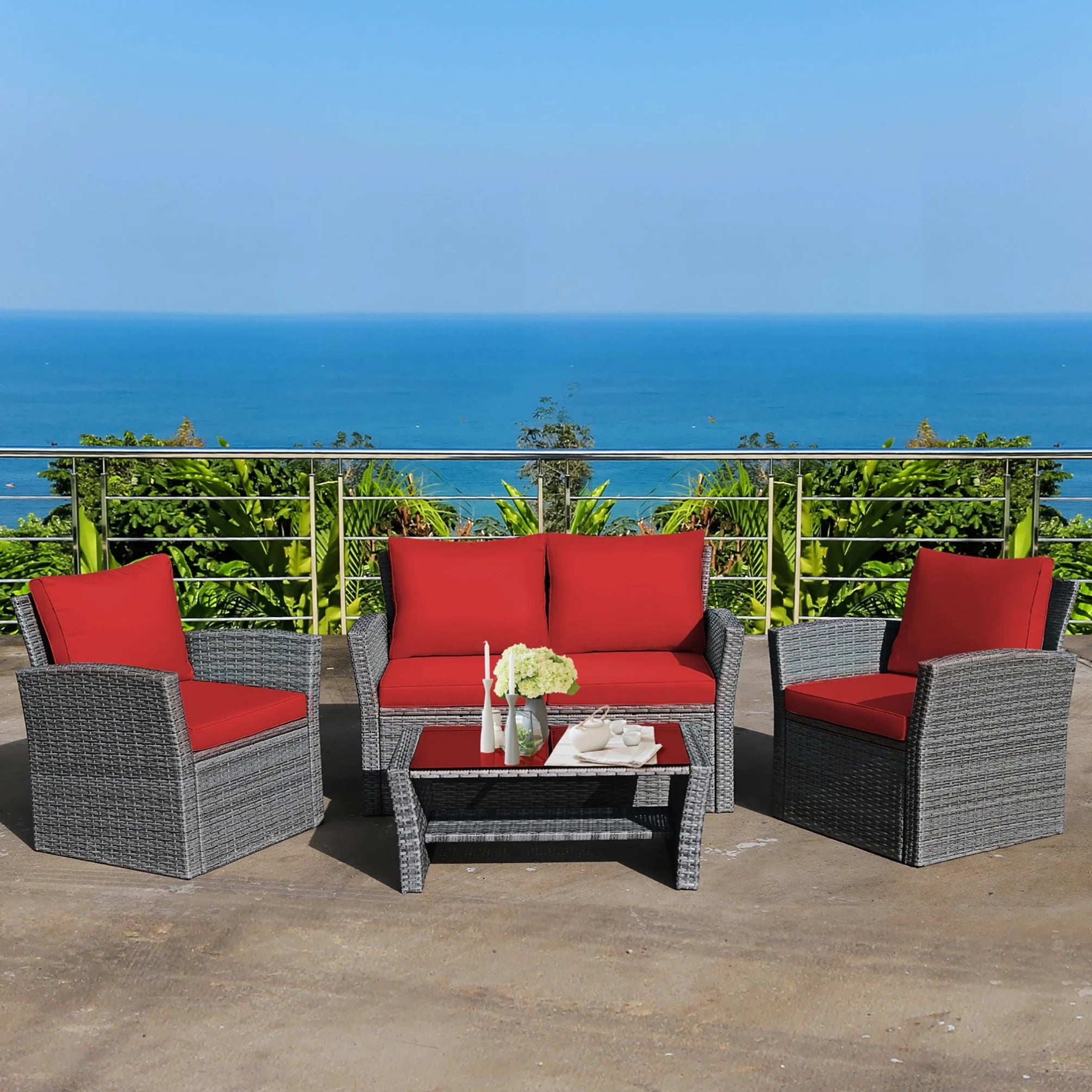 Maison Veranda: 4-Piece Rattan Conversation Set with Storage Coffee Table & Red Cushions