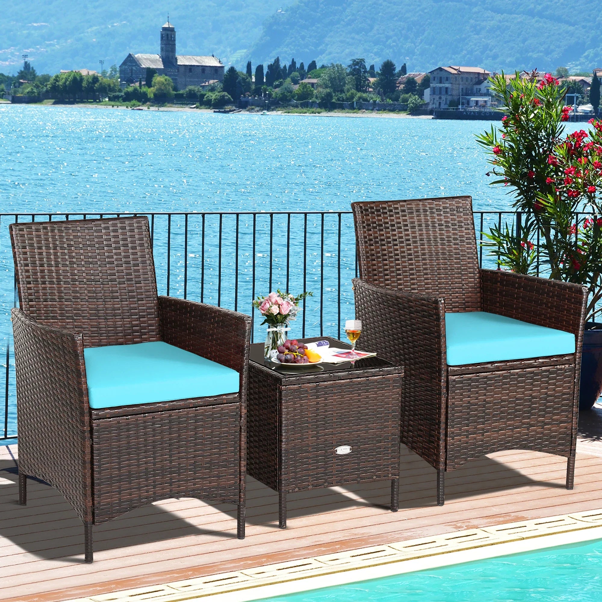 3PCS Patio Rattan Furniture Set Cushioned Sofa Glass Tabletop Deck Blue