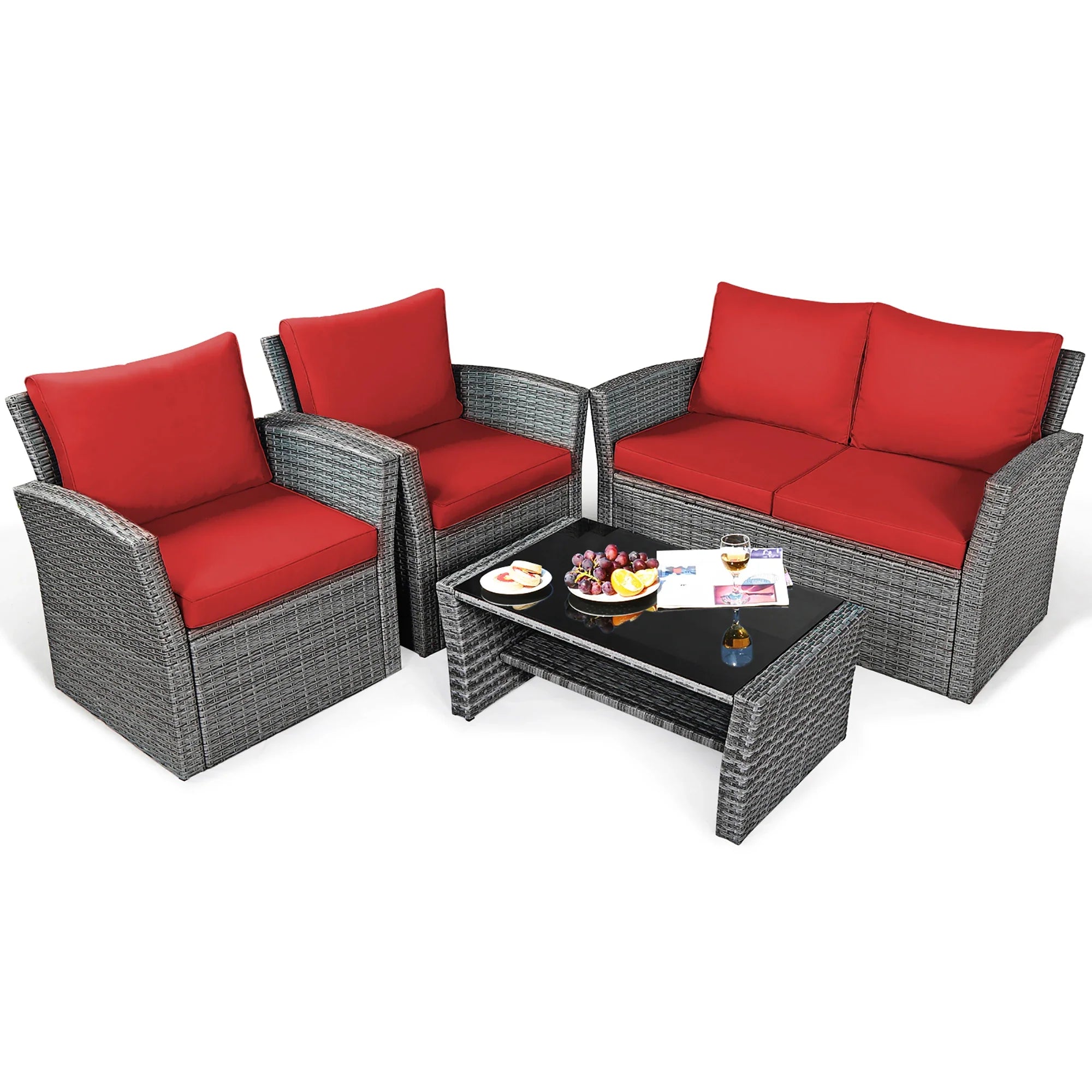 Maison Veranda: 4-Piece Rattan Conversation Set with Storage Coffee Table & Red Cushions