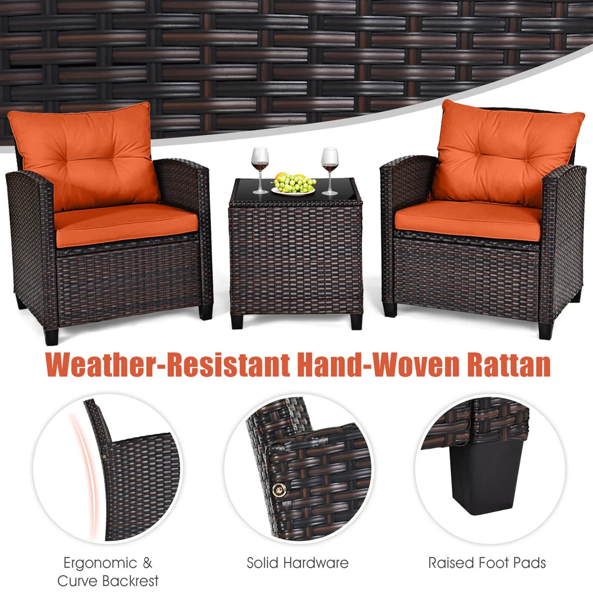 3 PCS Patio Rattan Furniture Set Cushioned Conversation Set Sofa Orange