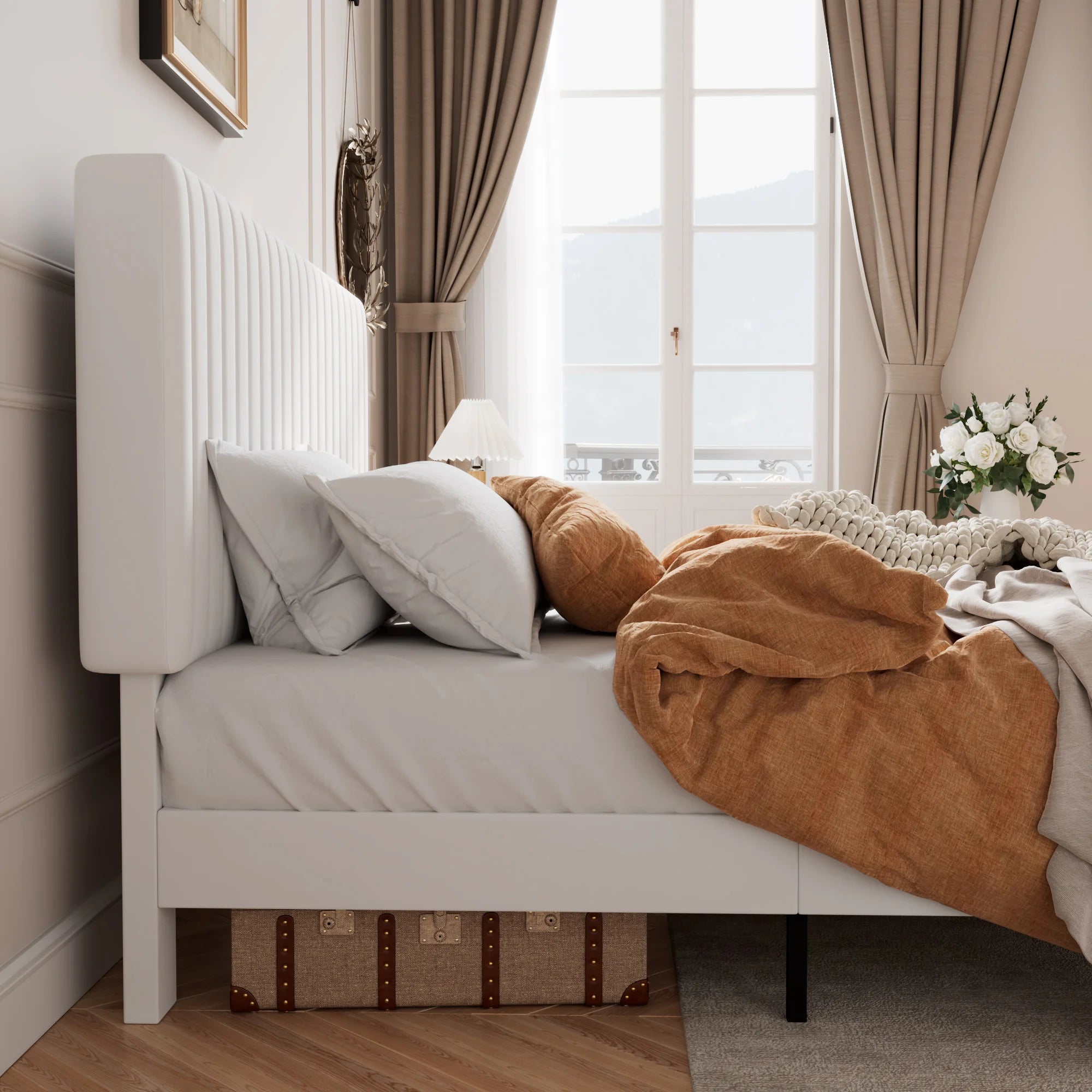 Upholstered Platform Bed Frame with Vertical Channel Tufted Velvet Fabric