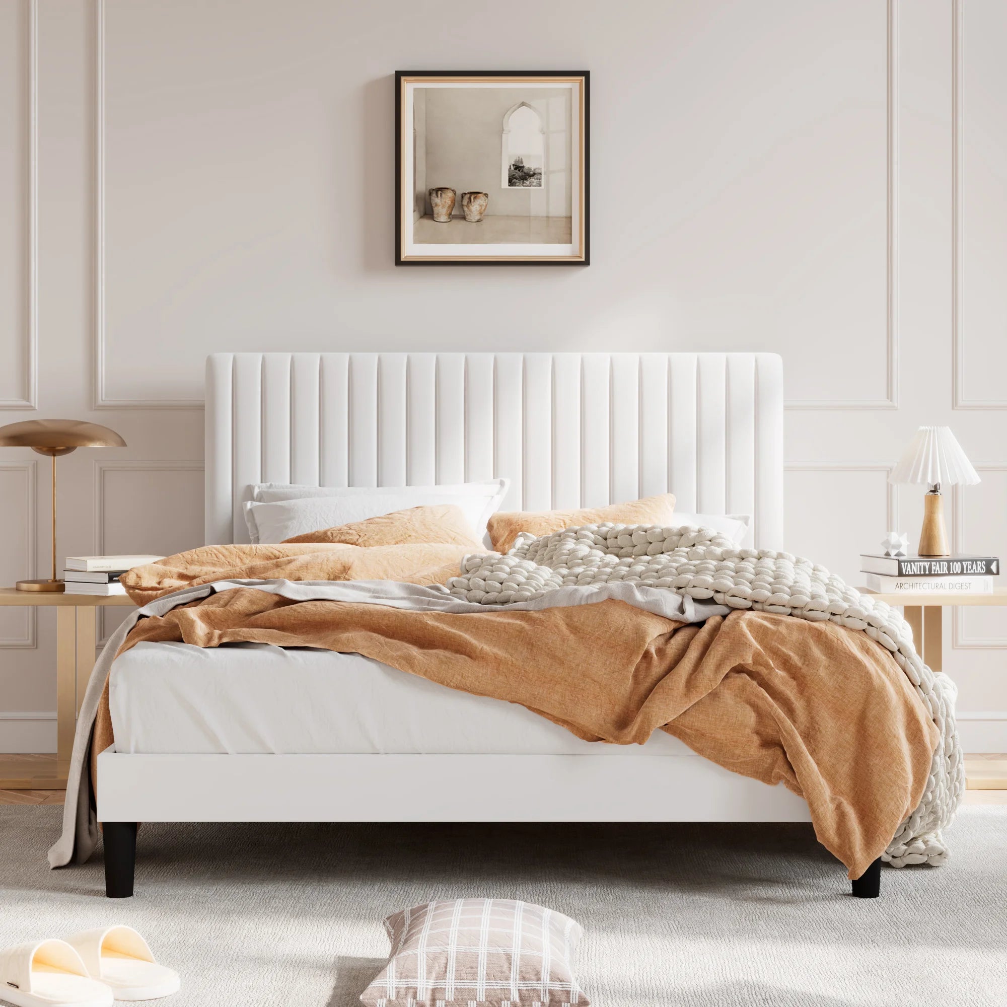 Upholstered Platform Bed Frame with Vertical Channel Tufted Velvet Fabric