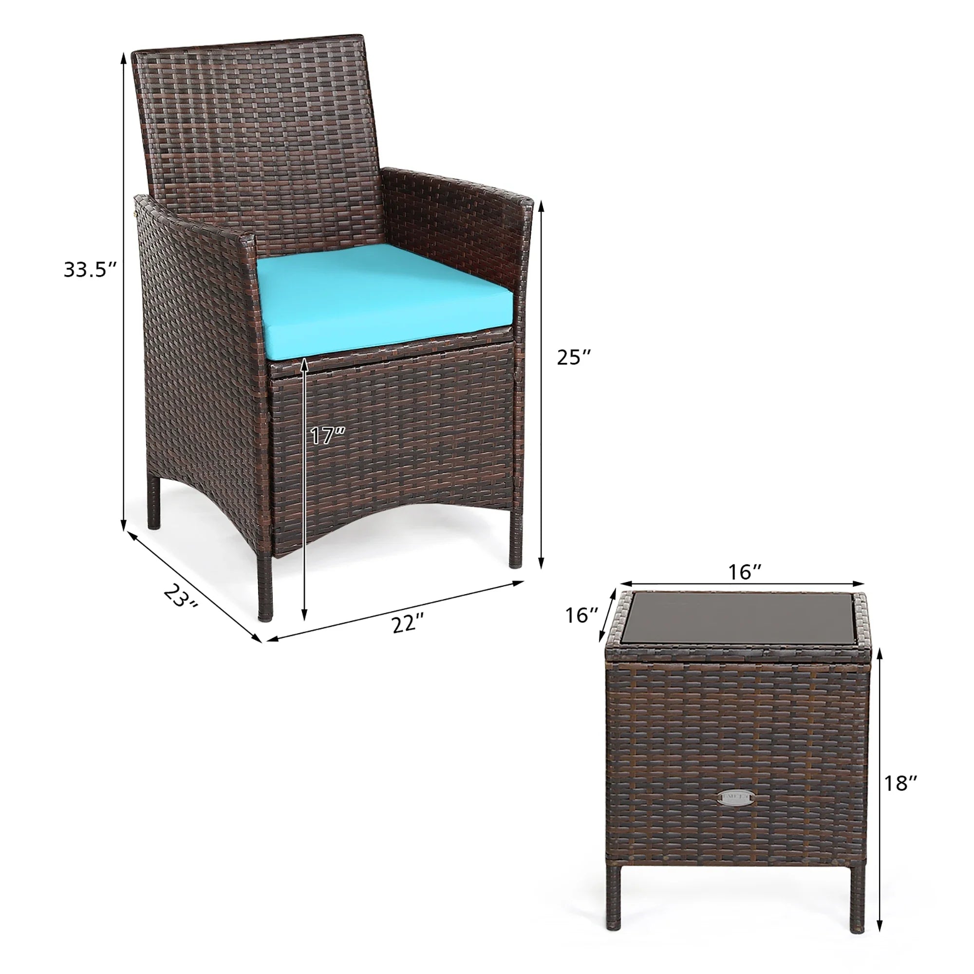 3PCS Patio Rattan Furniture Set Cushioned Sofa Glass Tabletop Deck Blue