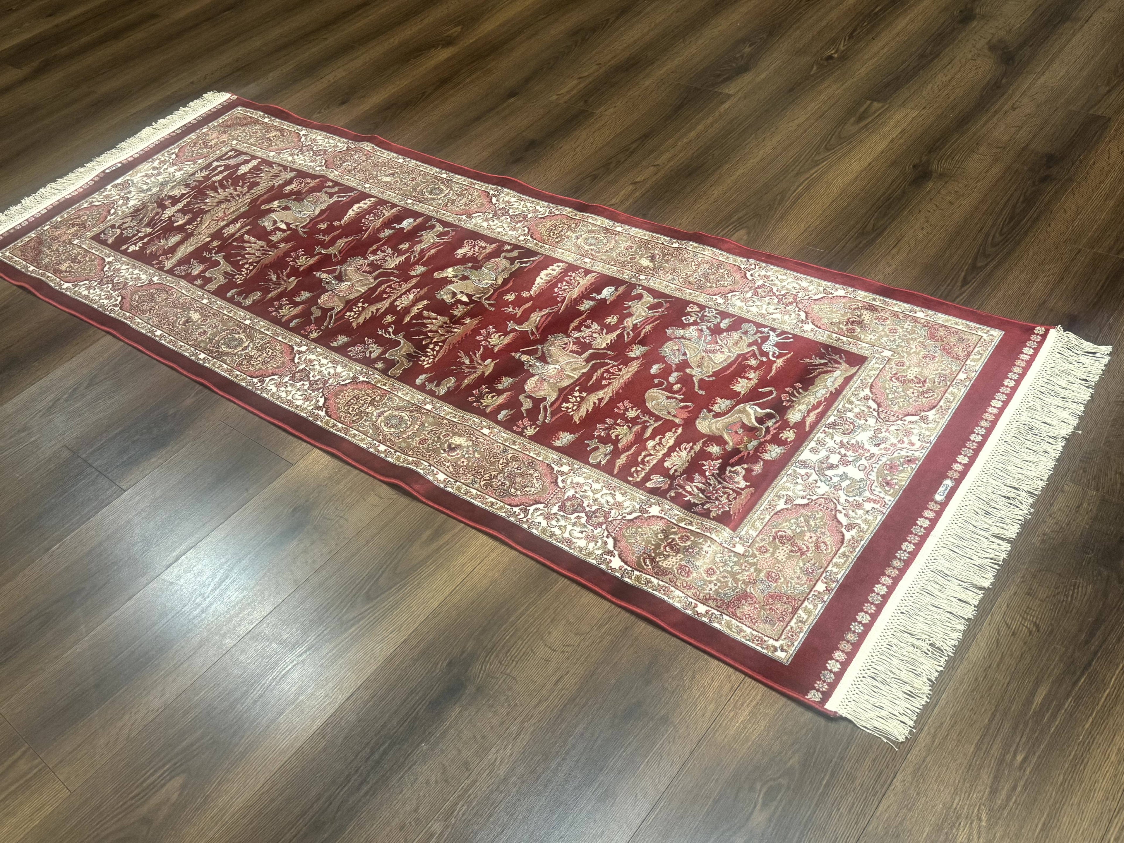 Turkish Silk Rug 2.6 x 6.7, Hunting Design, Short Runner Rug, Red & Ivory, Bamboo Silk, New