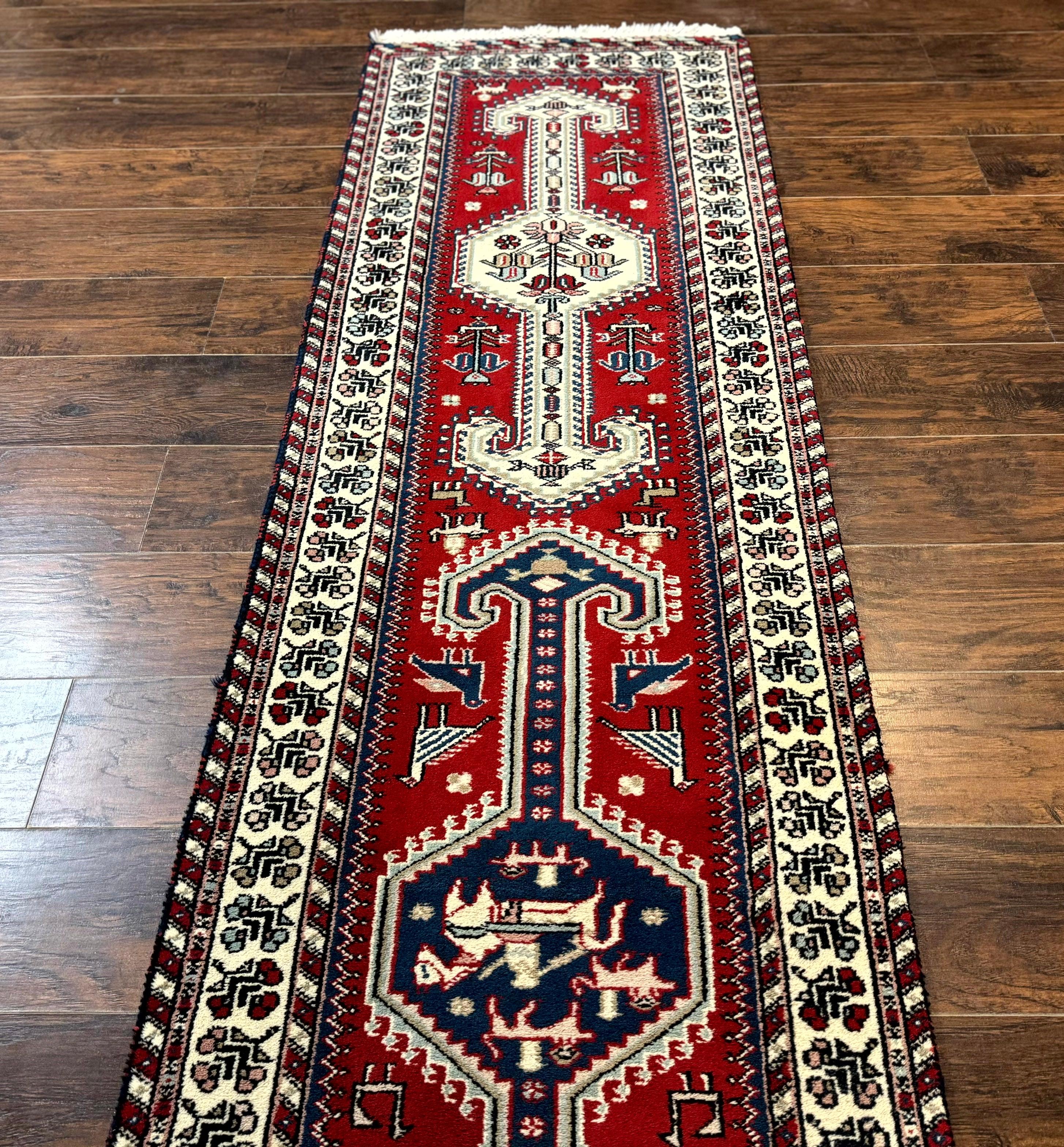 Indo Persian Runner Rug 2.6 x 12, Heriz Geometric Caucasian Design, Animal Pictorials, Tribal Runner Rug, Vintage Handmade Wool Red