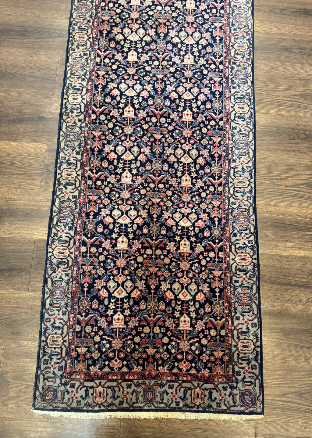 Indo Persian Runner Rug 2.8 x 12, Navy Blue, Floral, Fine 270 KPSI