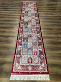 Turkish Silk Runner Rug 2.6 x 11.6, Panel Design, Dark Red Ivory, Bamboo Silk, New