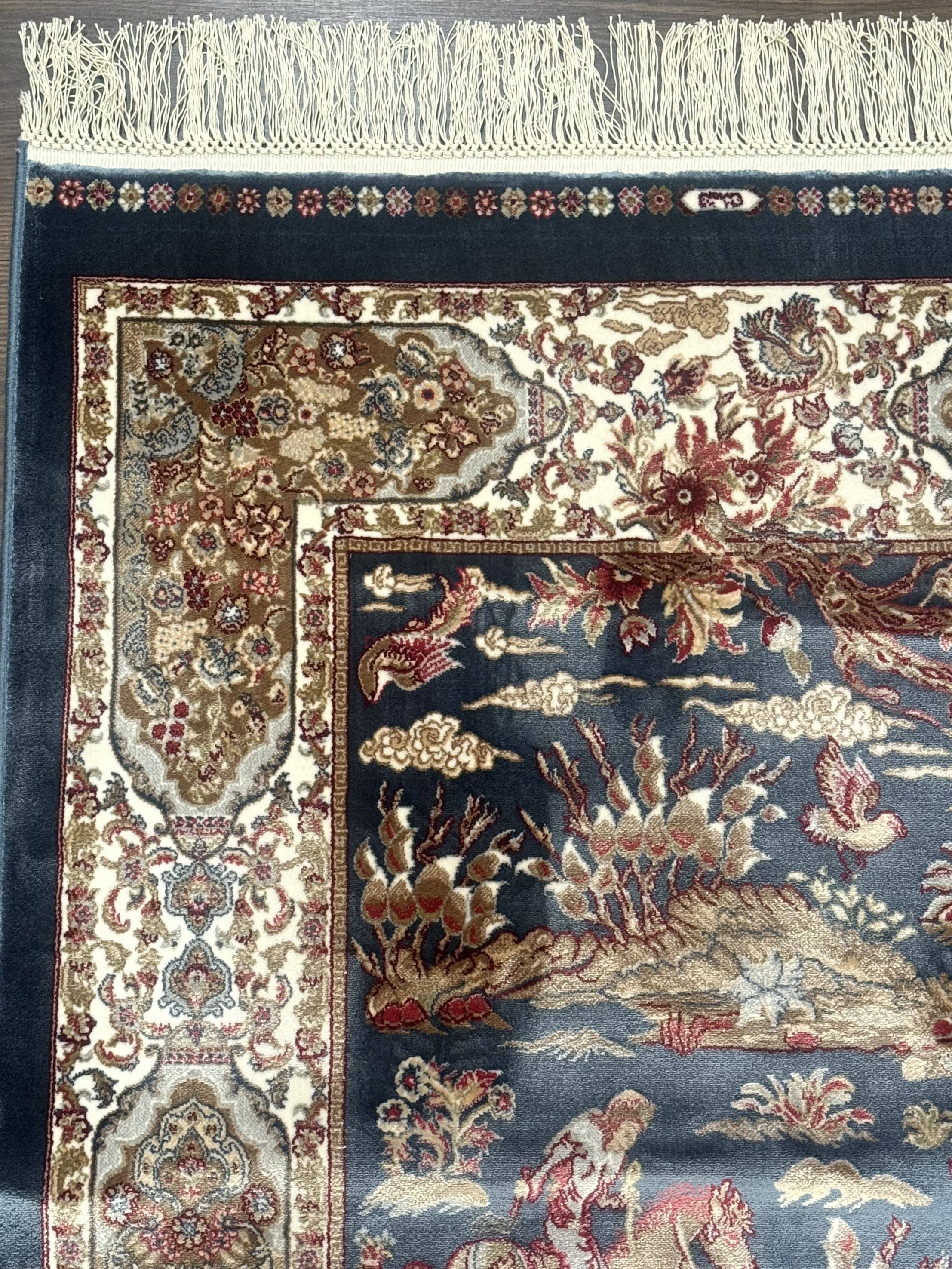 Turkish Silk Rug 2.6 x 6.7, Short Runner Rug, Blue & Ivory, Bamboo Silk, New