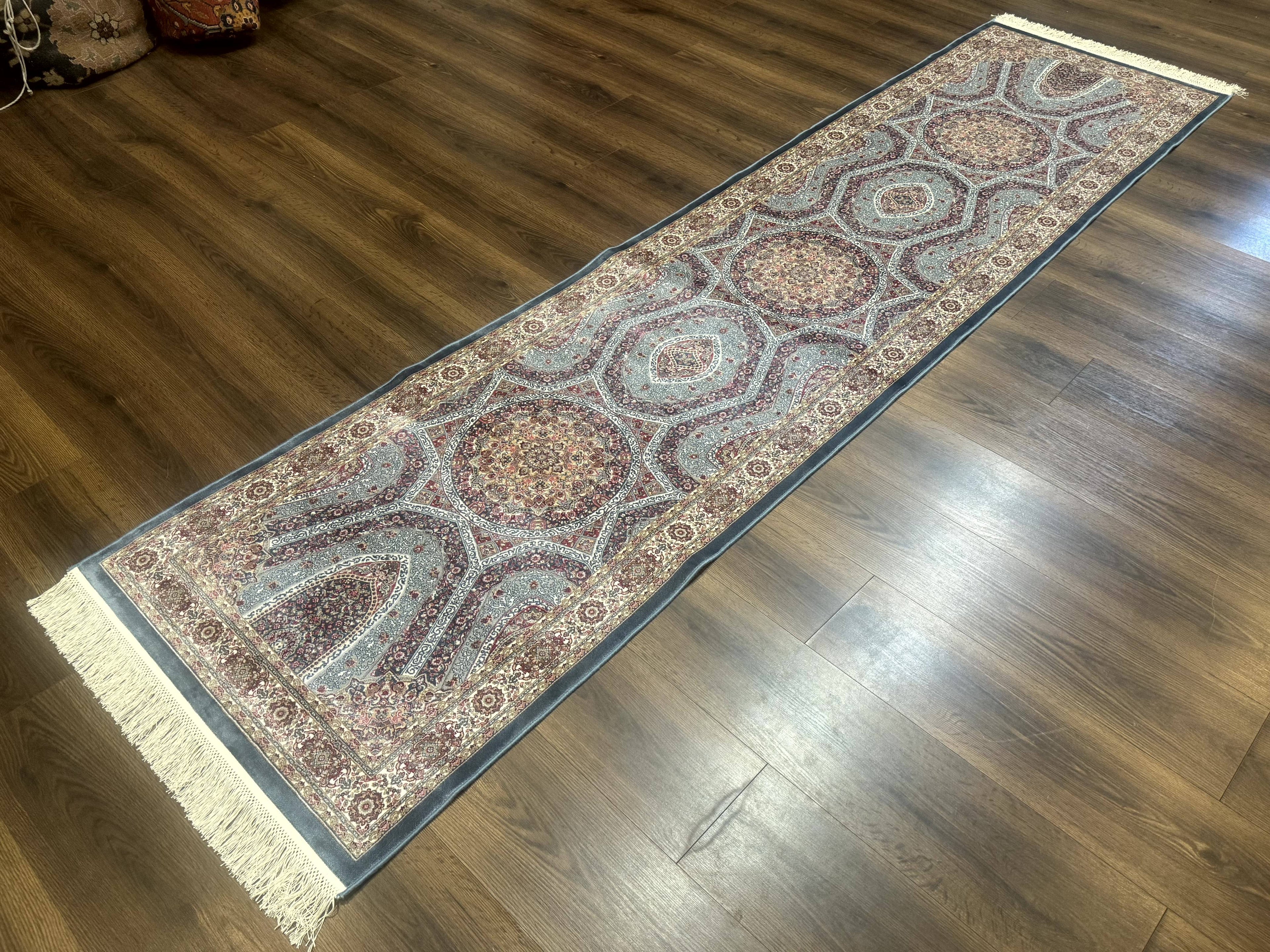 Turkish Silk Runner Rug 2.6 x 10, Light Blue Carpet, Bamboo Silk, New