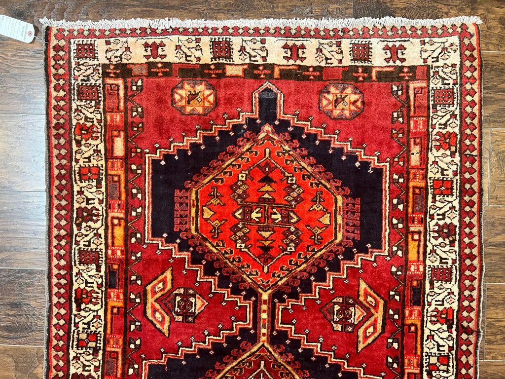 Persian Heriz Runner Rug 3.7 x 11, Persian Tribal Runner, Handmade Wool, Medallions, Geometric, Red, Antique Vintage Hand Knotted Rug