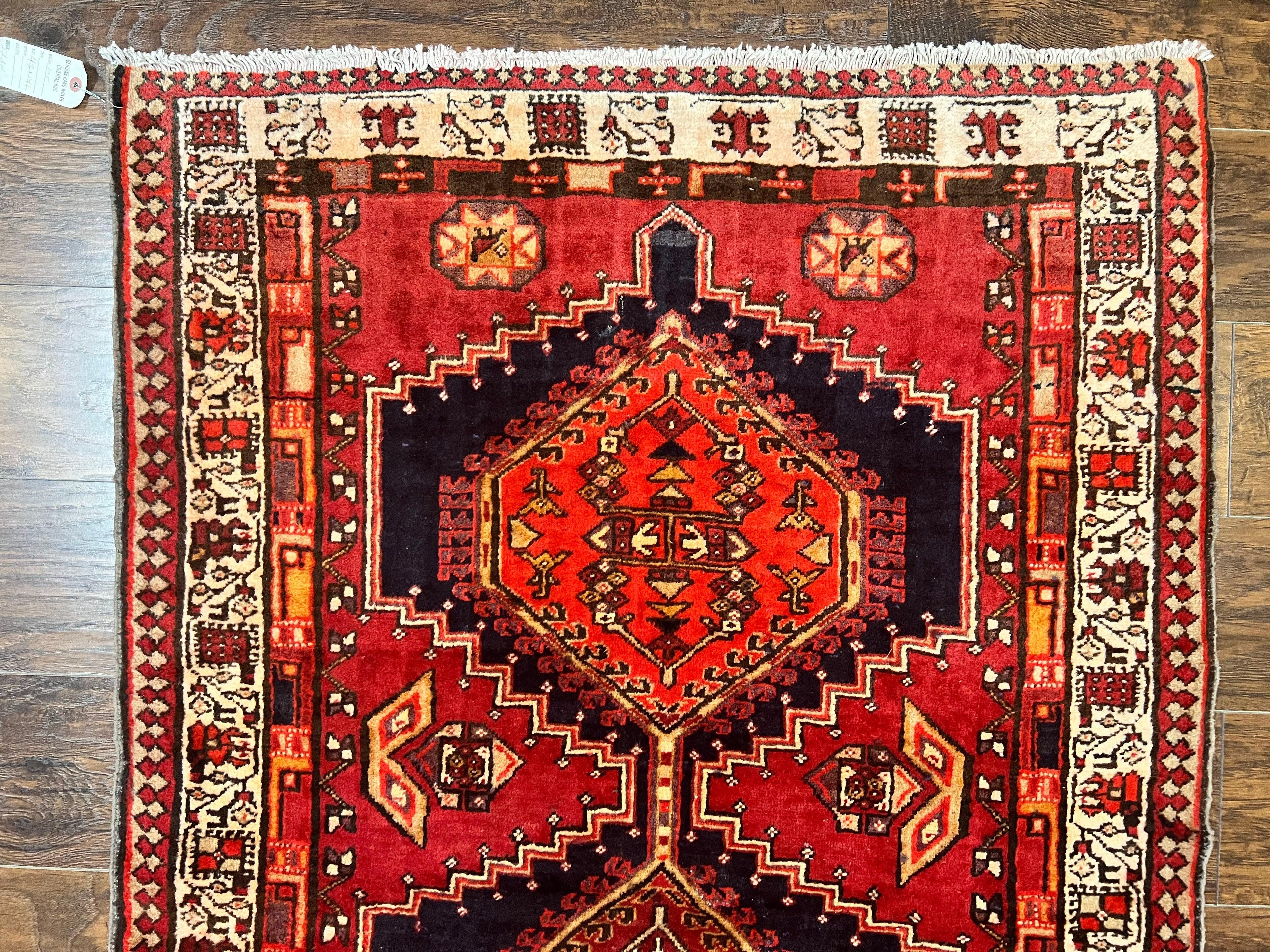 Persian Heriz Runner Rug 3.7 x 11, Persian Tribal Runner, Handmade Wool, Medallions, Geometric, Red, Antique Vintage Hand Knotted Rug