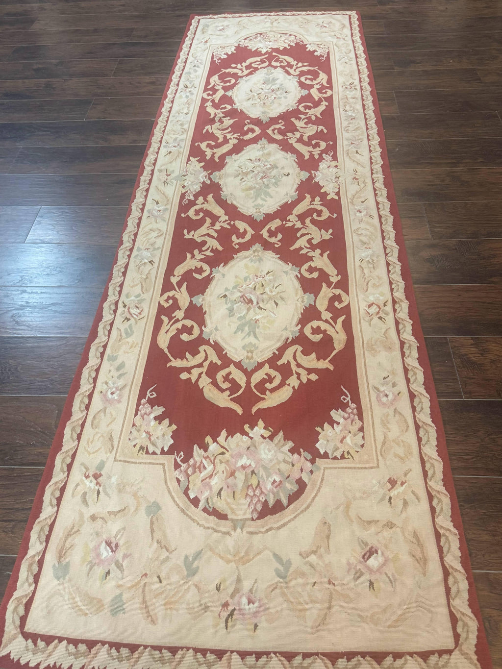 Aubusson Runner Rug 3x10, European Design, Red and Beige, Elegant, Handmade Wool Rug
