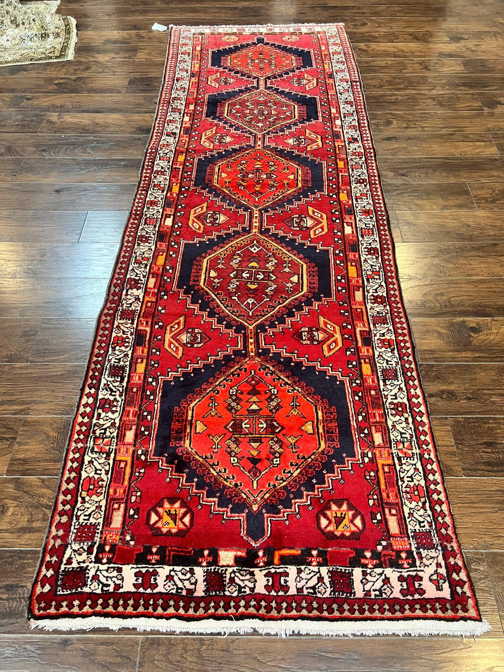 Persian Heriz Runner Rug 3.7 x 11, Persian Tribal Runner, Handmade Wool, Medallions, Geometric, Red, Antique Vintage Hand Knotted Rug