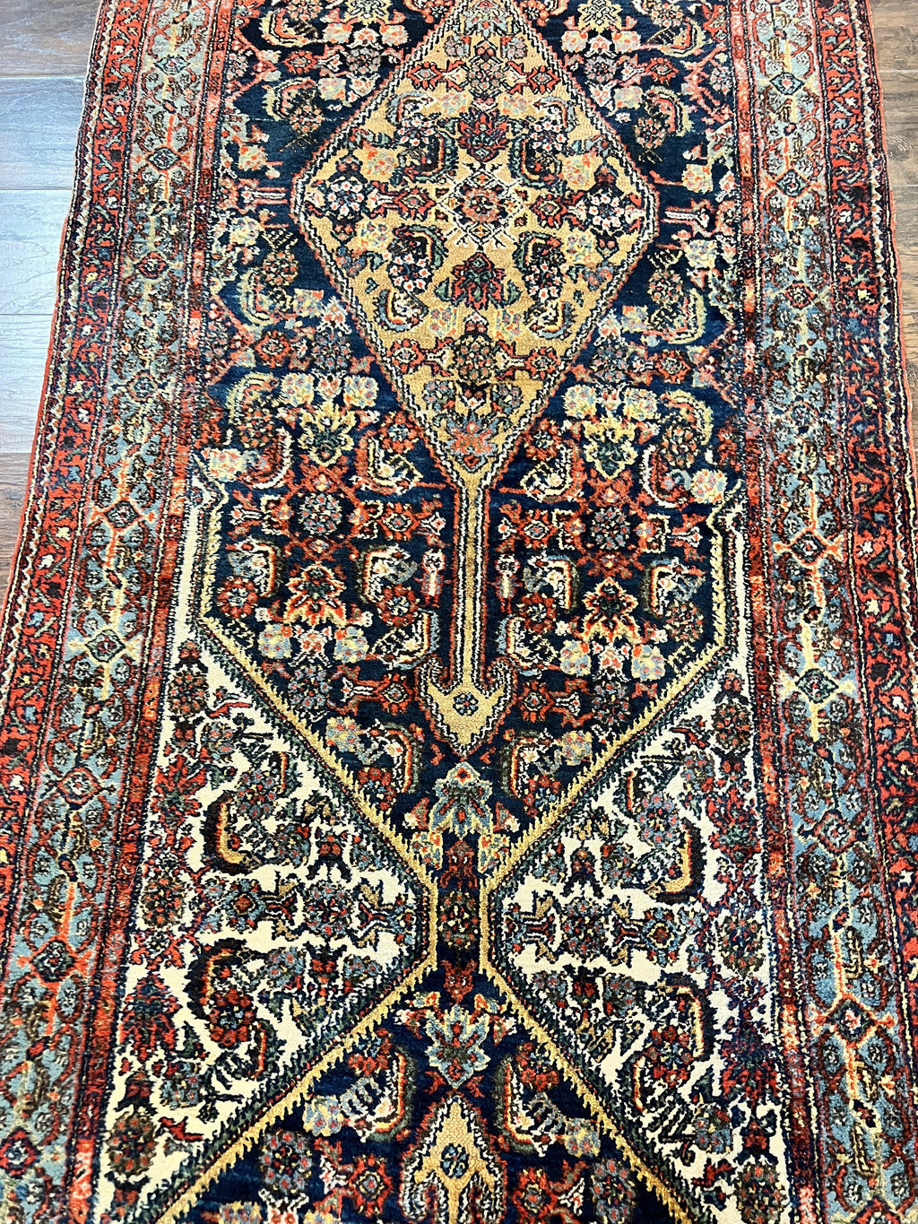 Antique Persian Runner Rug 3.7 x 15.8, Navy Blue Multicolor, Hand Knotted Handmade Wool Rug for Hallway, Geometric Medallions, Persian Hamadan Rug