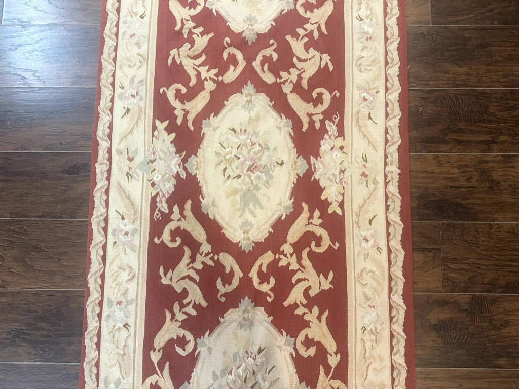 Aubusson Runner Rug 3x10, European Design, Red and Beige, Elegant, Handmade Wool Rug