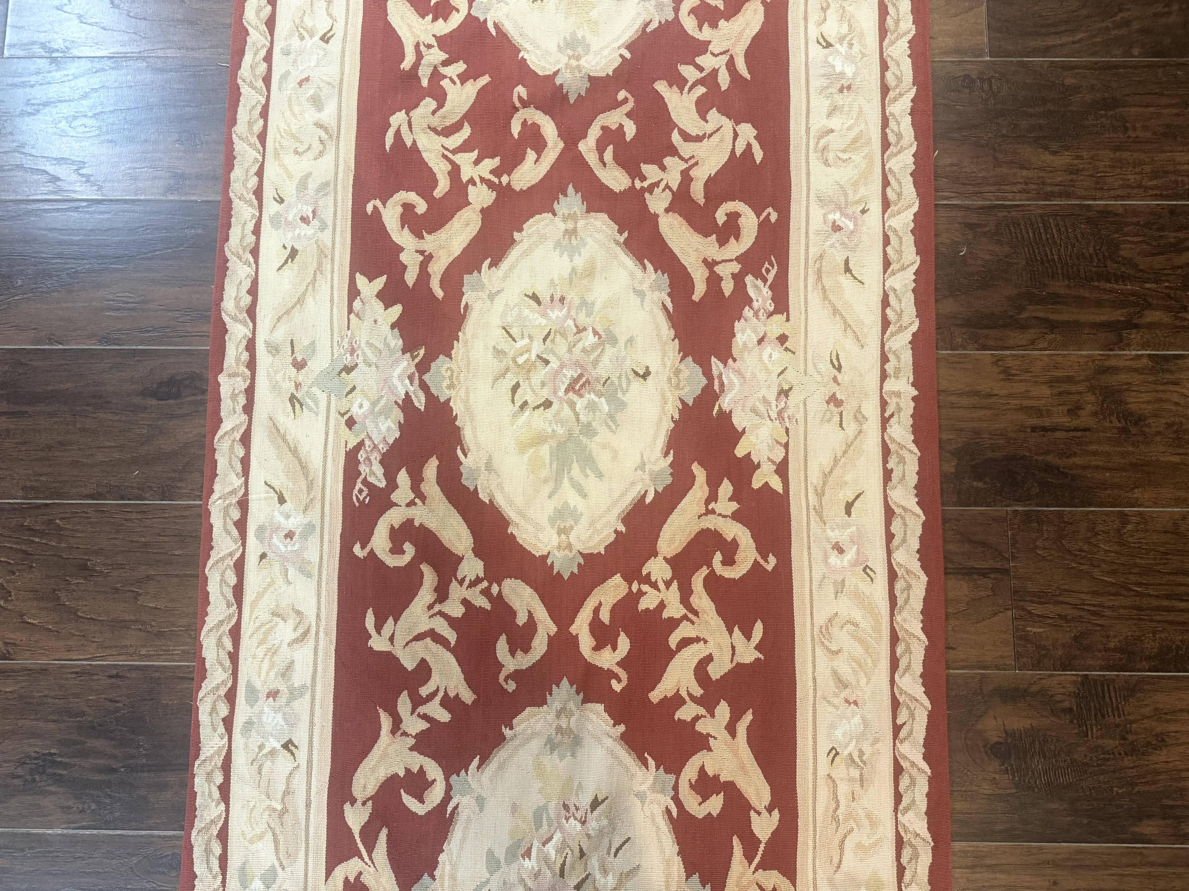 Aubusson Runner Rug 3x10, European Design, Red and Beige, Elegant, Handmade Wool Rug