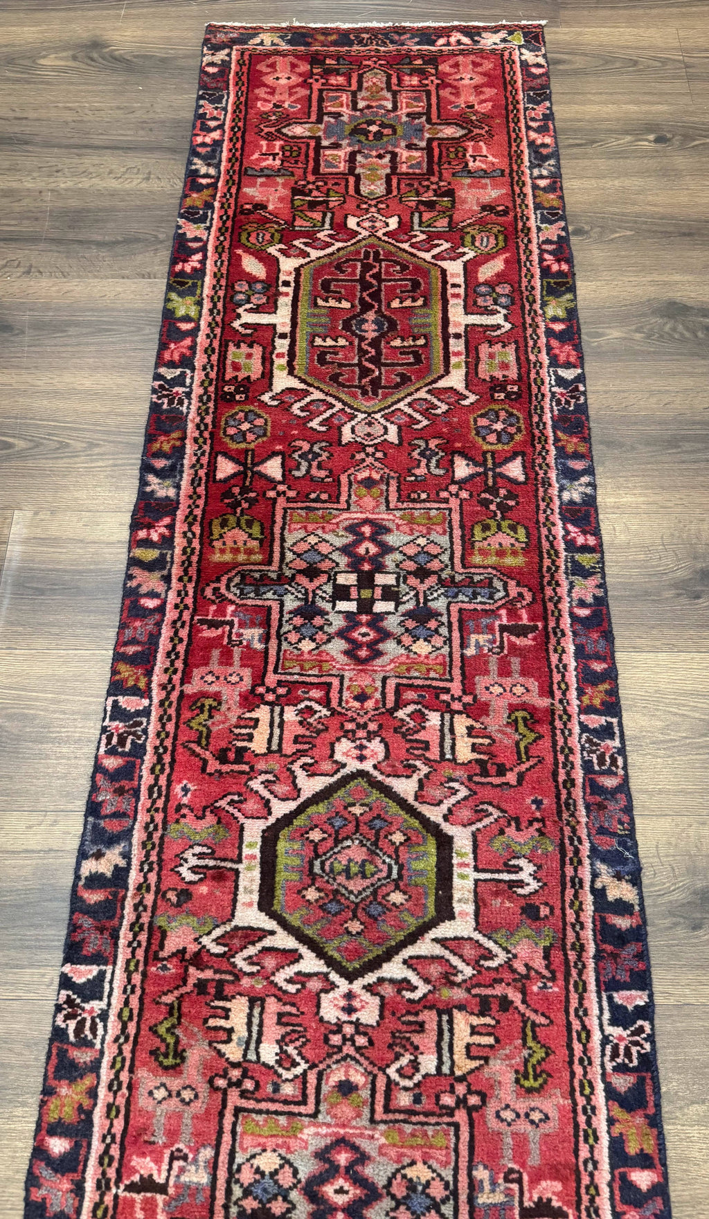 Persian Heriz Karajeh Runner Rug 2x9, Geometric Medallions, Red Navy Blue, 2 x 9 Rug for Hallway