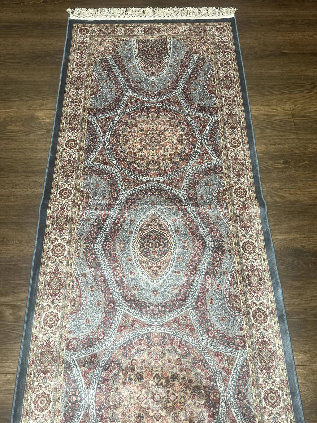 Turkish Silk Runner Rug 2.6 x 13, Blue Runner Rug, Dome Design, Bamboo Silk, New