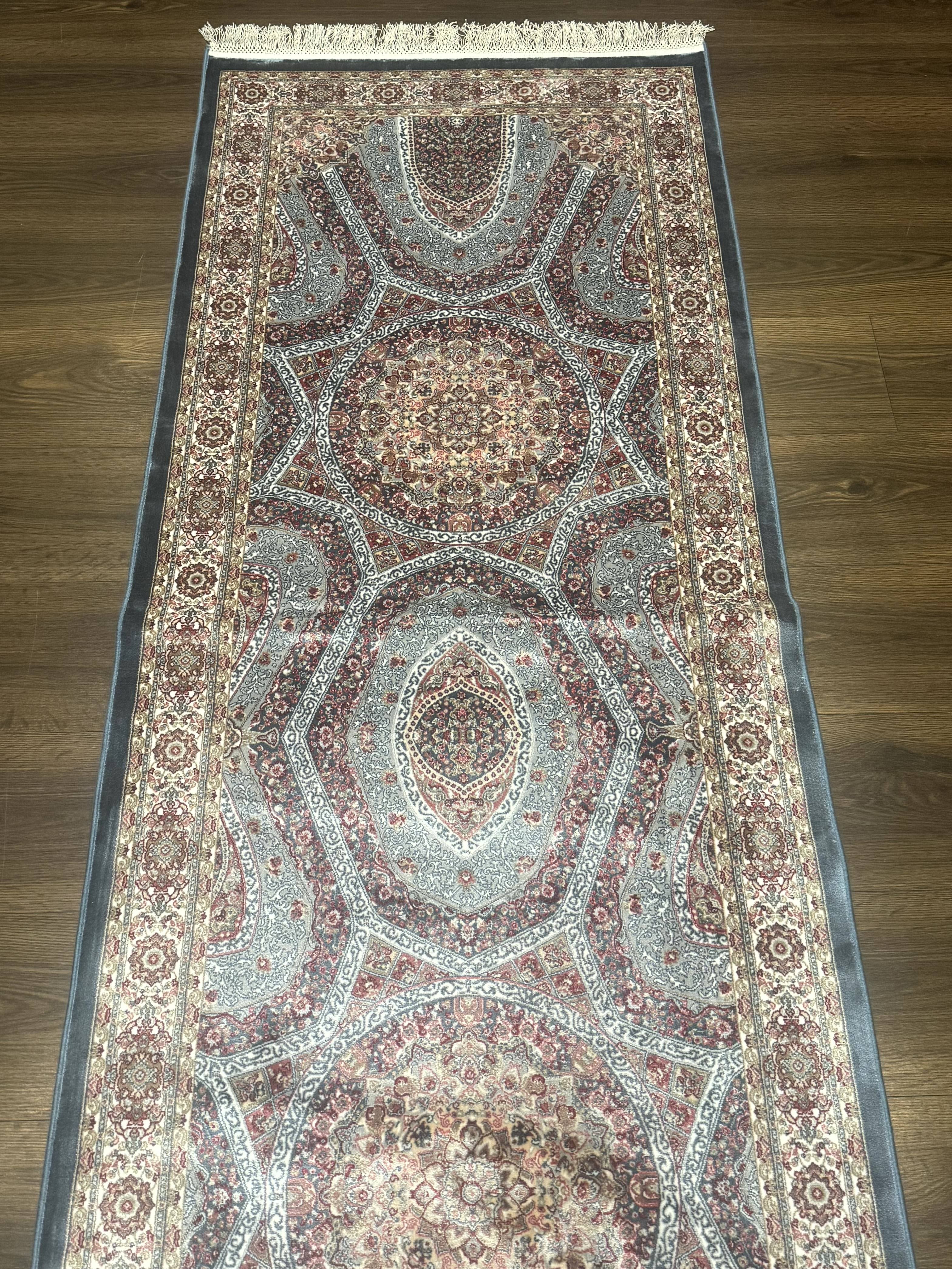 Turkish Silk Runner Rug 2.6 x 13, Blue Runner Rug, Dome Design, Bamboo Silk, New