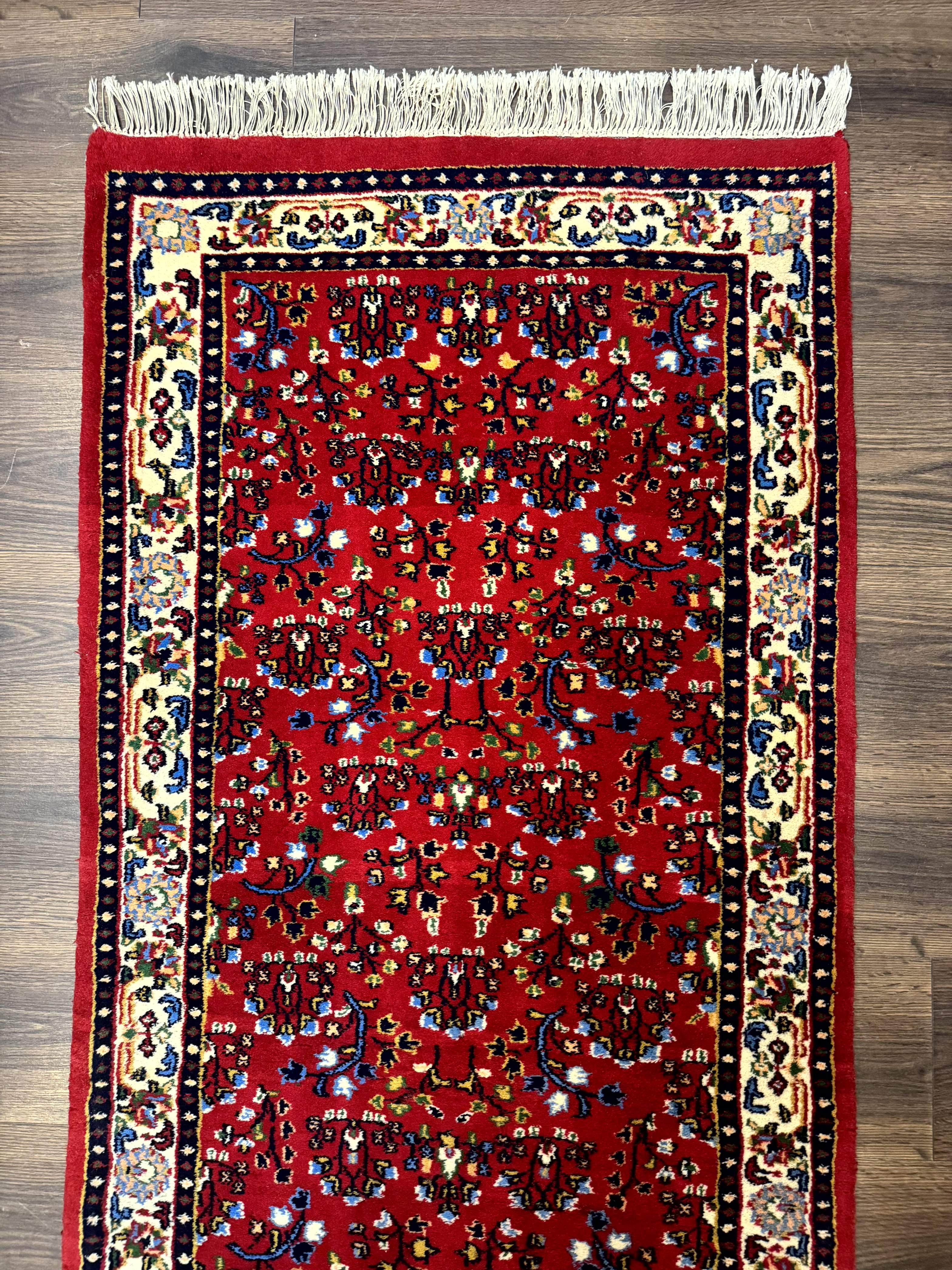 Indo Persian Sarouk Runner Rug 3 x 12, Red and Cream, Allover Pattern, 12ft Runner, Hand Knotted