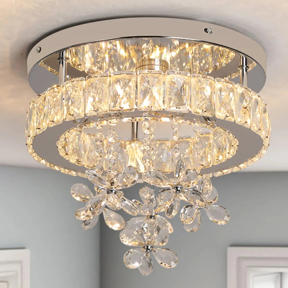 HaloBloom Luxe – Crystal LED Ceiling Light in Polished Chrome for Dining, Living, Aisle & Stairway Brilliance