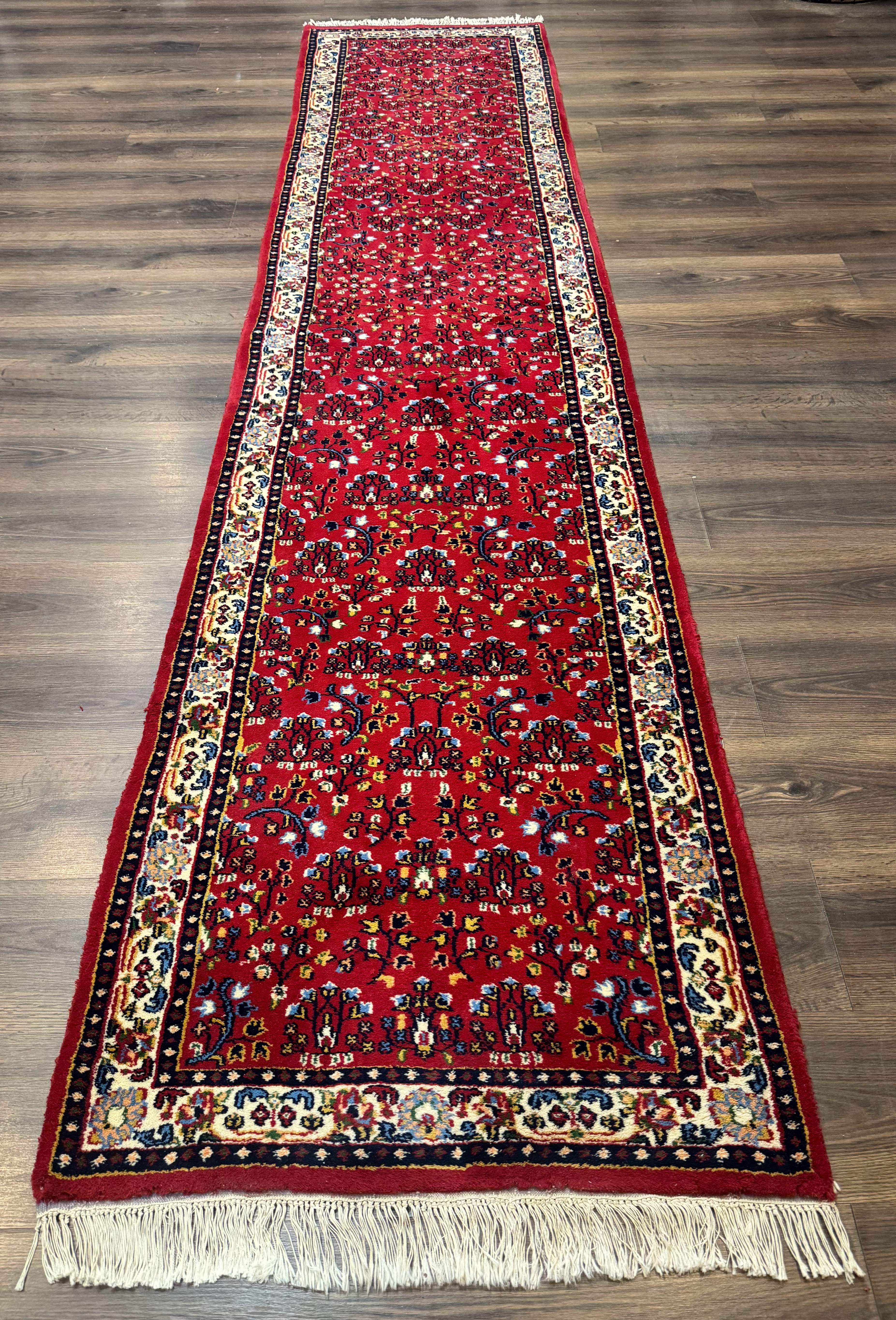Indo Persian Sarouk Runner Rug 3 x 12, Red and Cream, Allover Pattern, 12ft Runner, Hand Knotted