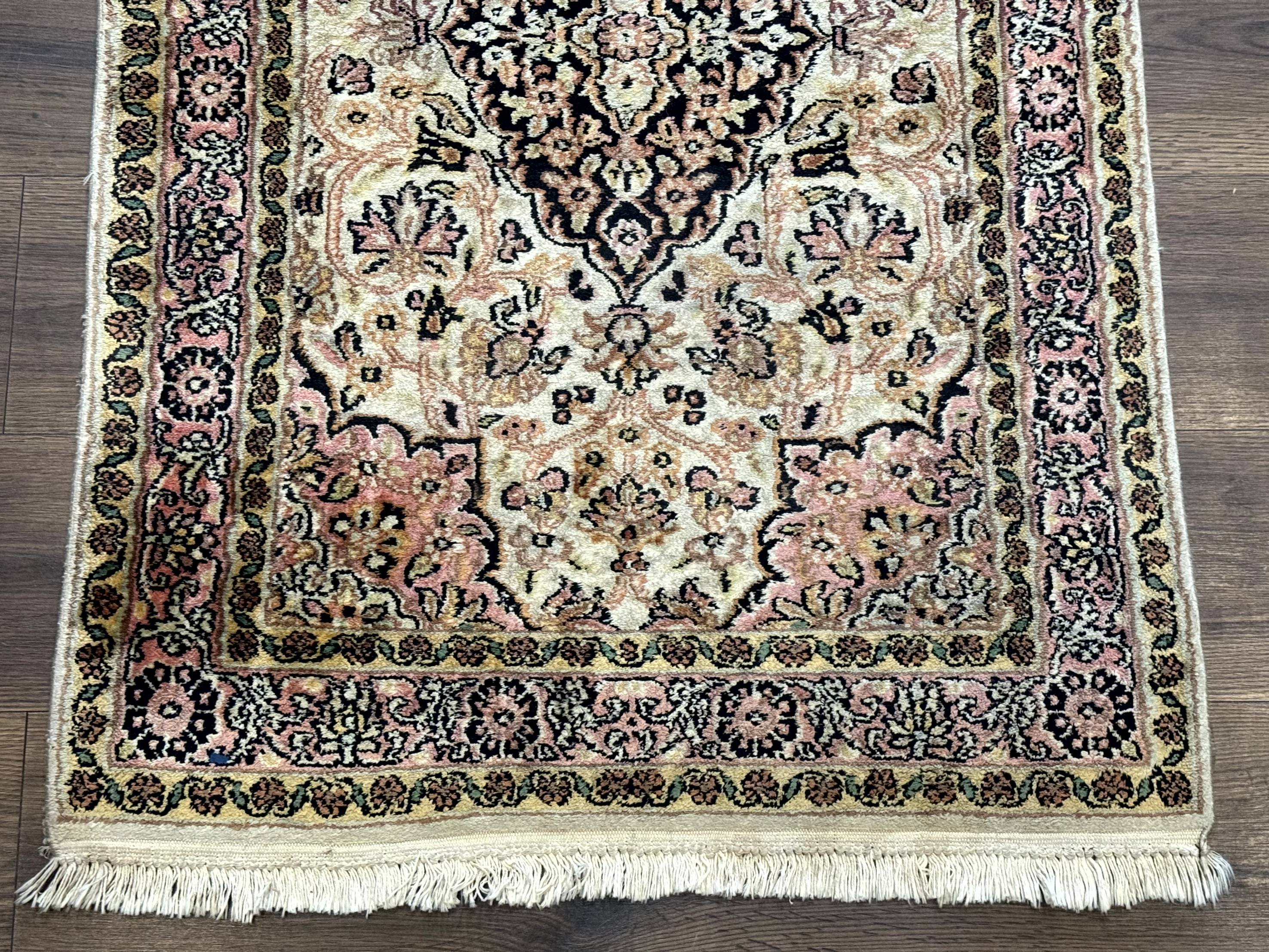 Silk Indian Kashmiri Runner Rug 2.7 x 9.8, Floral Medallions