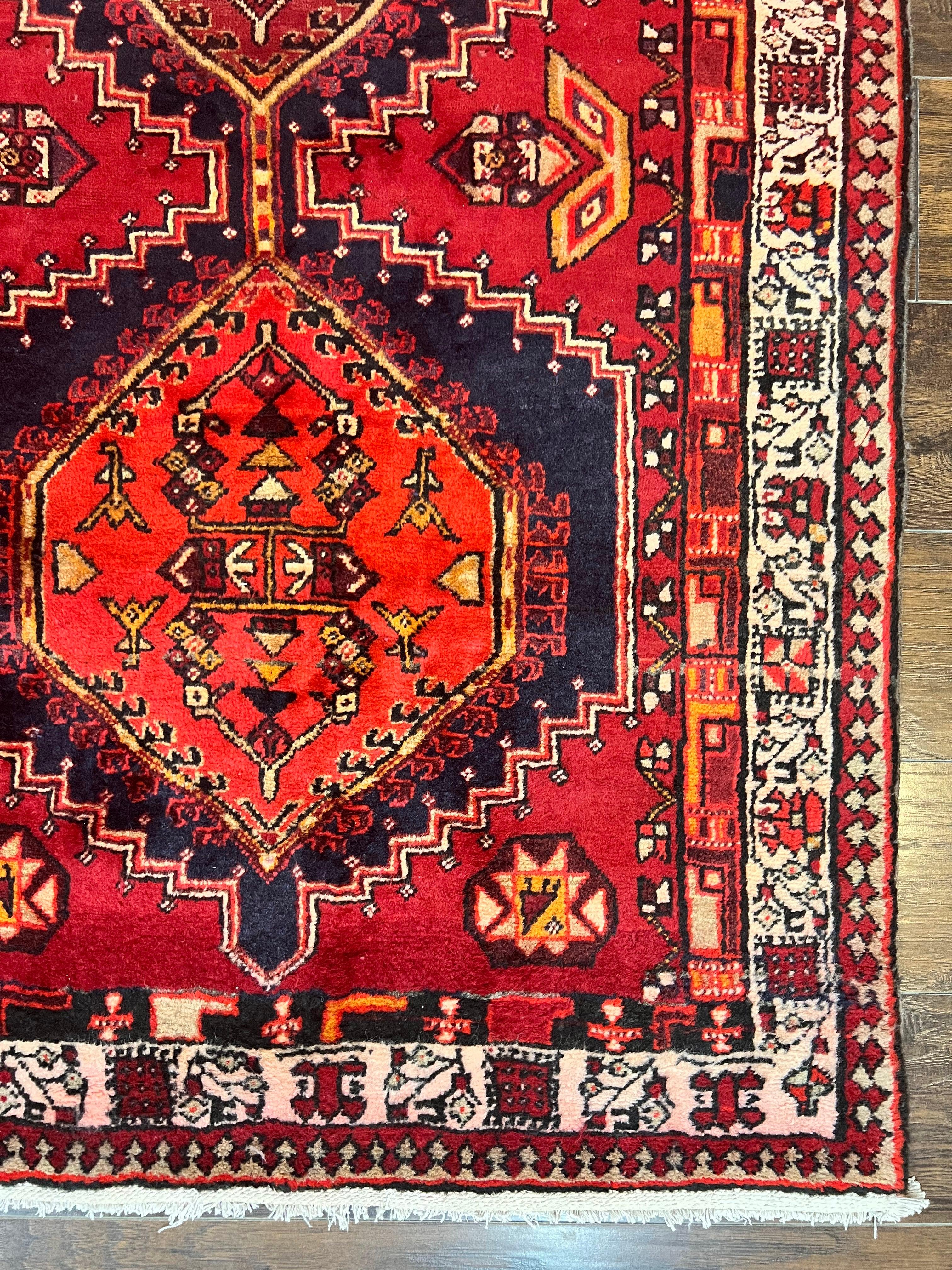 Persian Heriz Runner Rug 3.7 x 11, Persian Tribal Runner, Handmade Wool, Medallions, Geometric, Red, Antique Vintage Hand Knotted Rug
