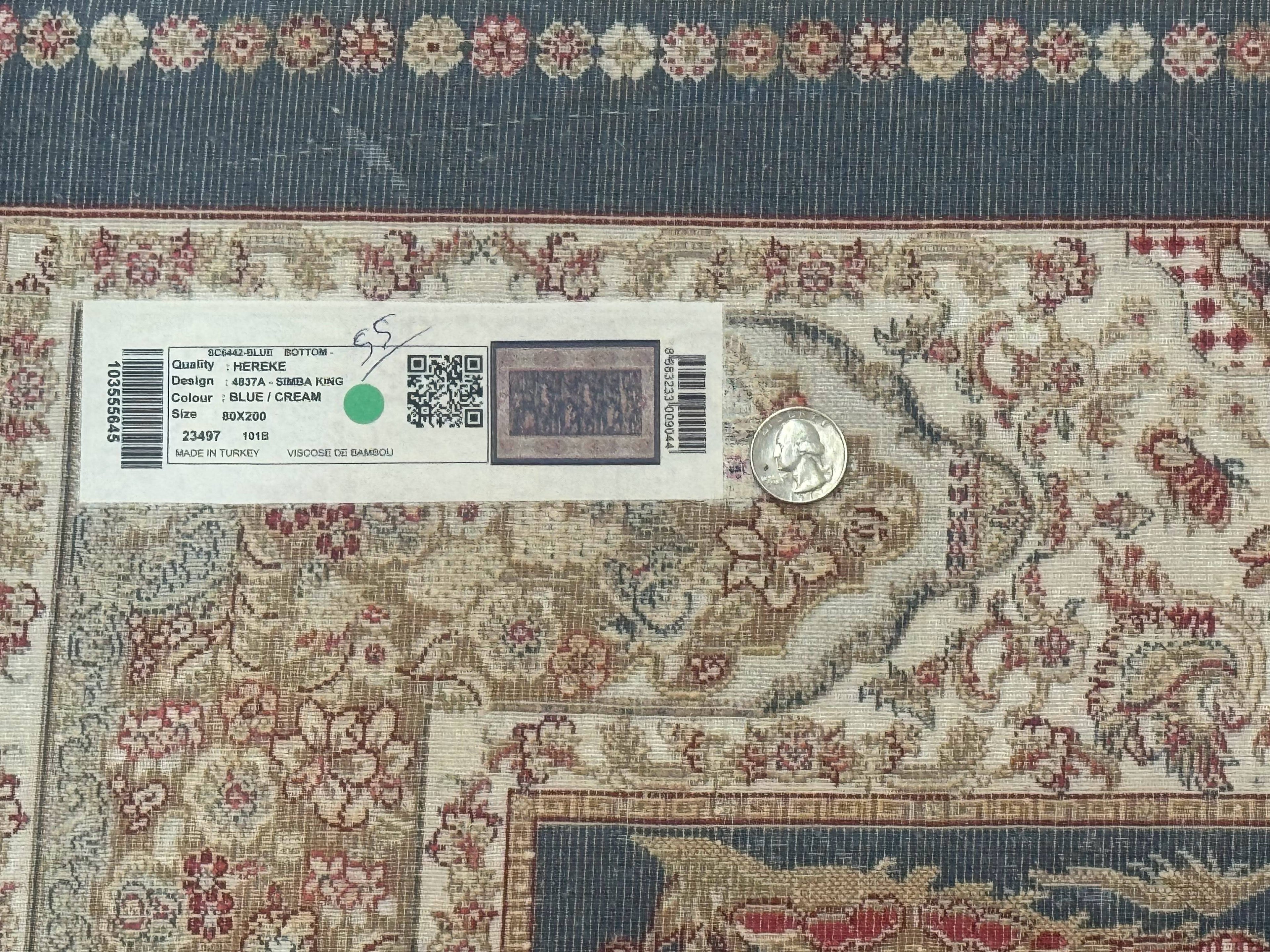 Turkish Silk Rug 2.6 x 6.7, Short Runner Rug, Blue & Ivory, Bamboo Silk, New