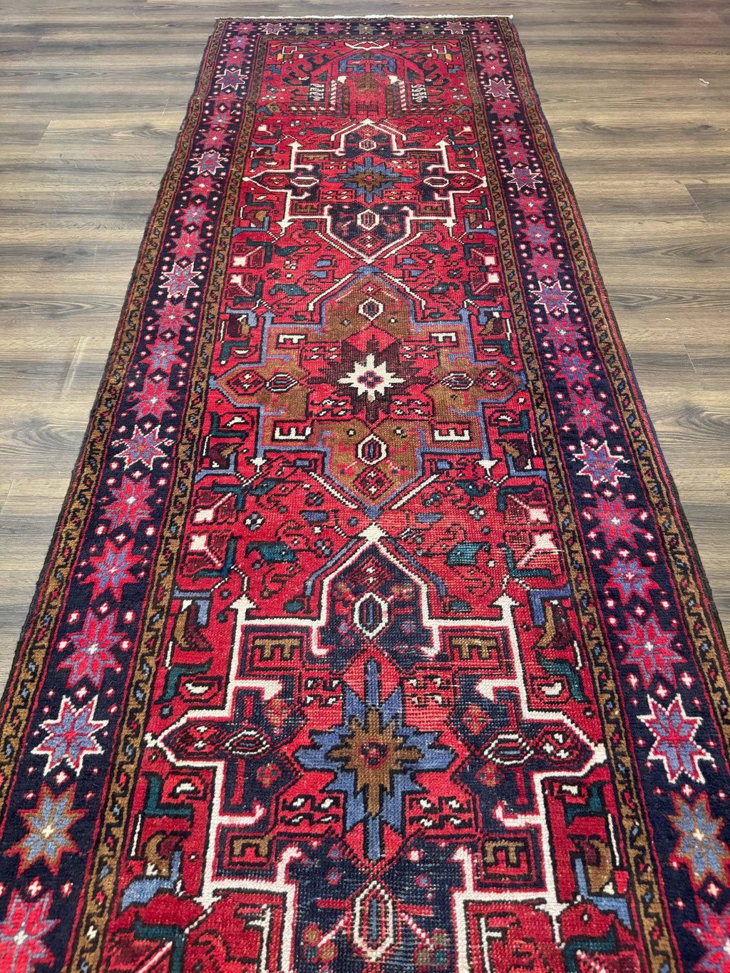 Persian Heriz Karajeh Runner Rug 3.7 x 12, Geometric Medallions, Red and Navy Blue