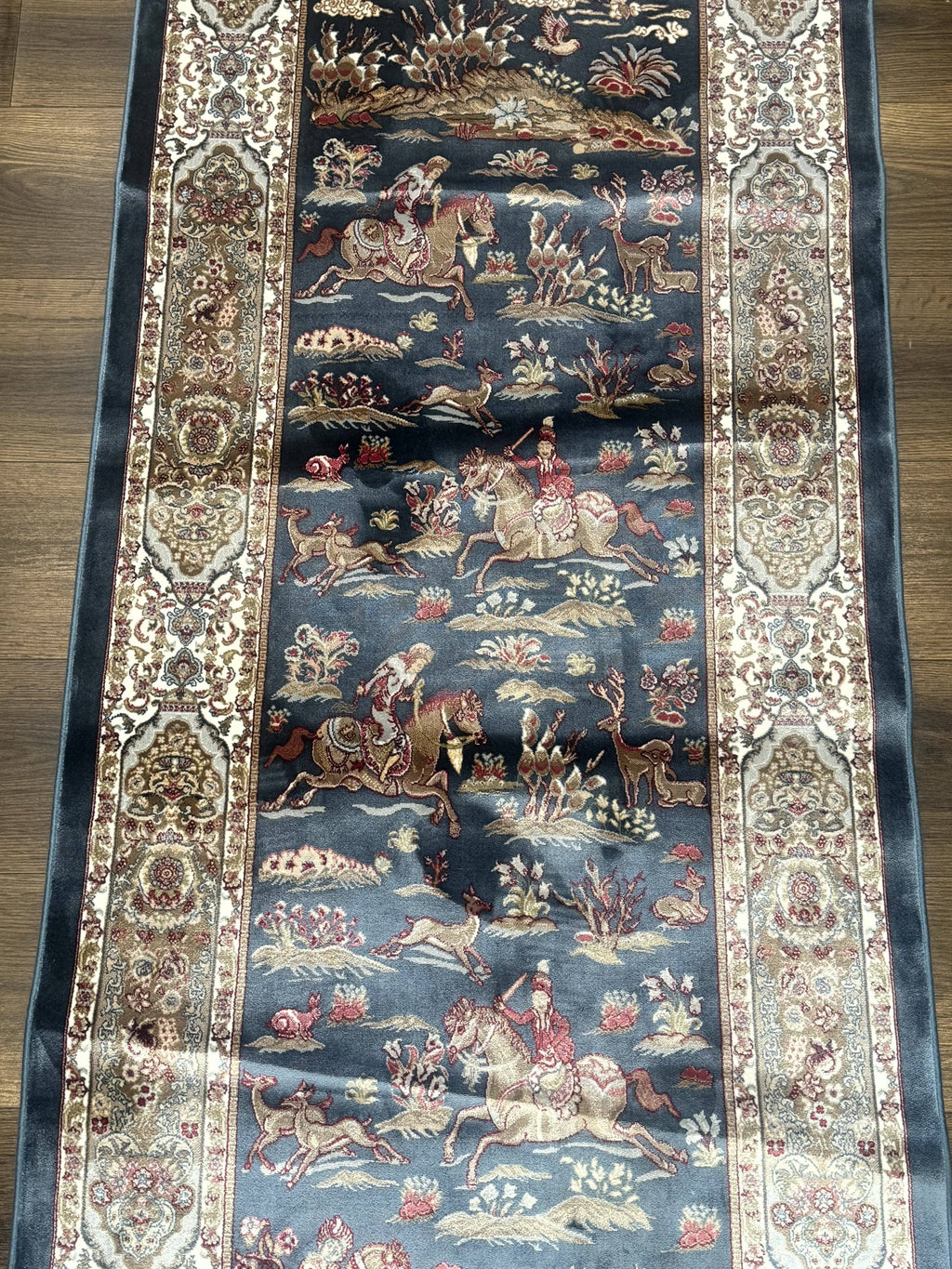 Turkish Silk Rug 2.6 x 6.7, Short Runner Rug, Blue & Ivory, Bamboo Silk, New