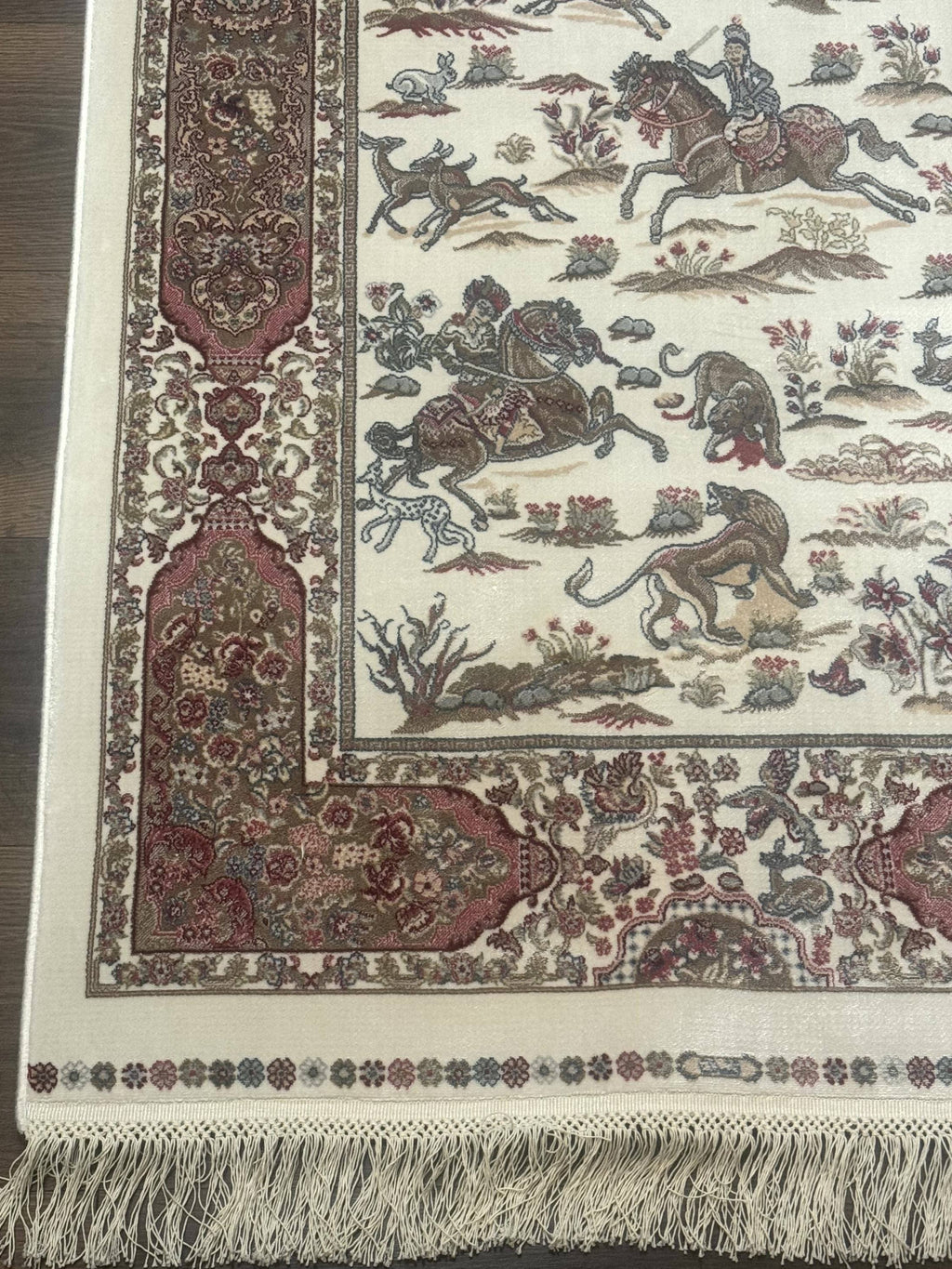 Turkish Silk Runner Rug 2.6 x 8, Hunting Design, Ivory, Bamboo Silk, New