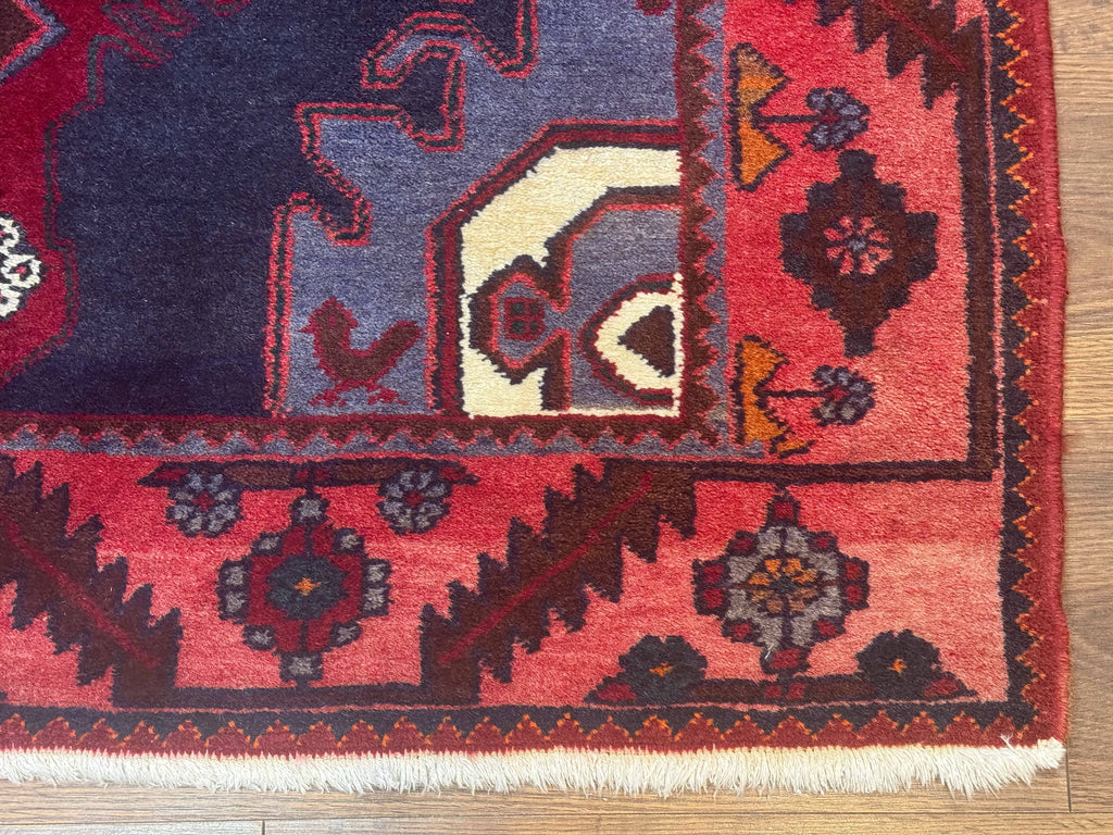 Persian Karajeh Runner Rug 3.6 x 9.5, Geometric Medallions, Tribal Village Rug, Navy Blue, Handmade