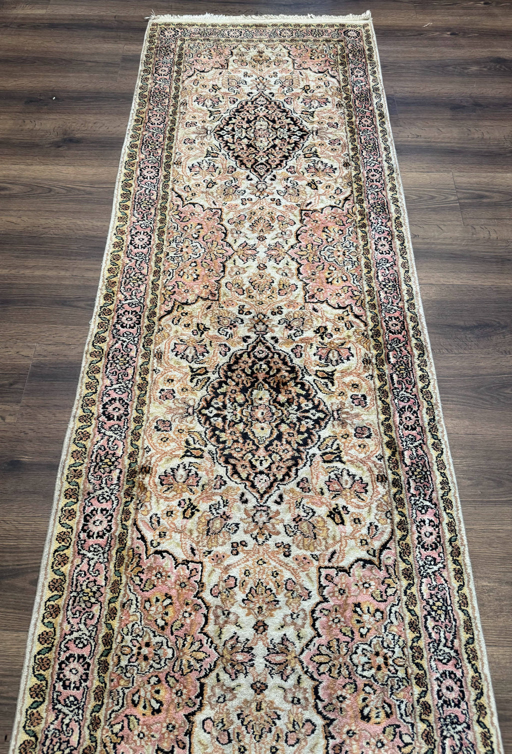 Silk Indian Kashmiri Runner Rug 2.7 x 9.8, Floral Medallions