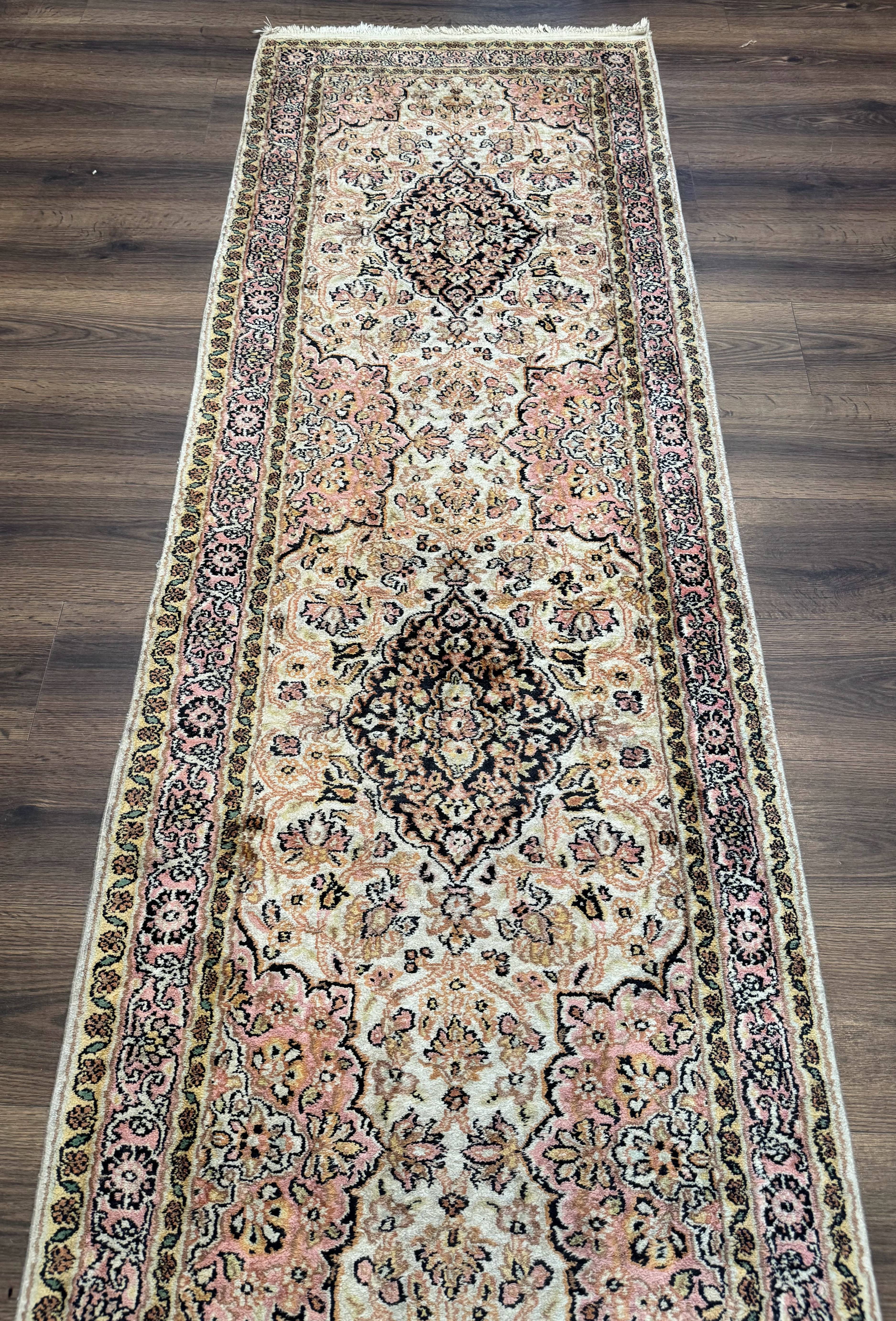 Silk Indian Kashmiri Runner Rug 2.7 x 9.8, Floral Medallions