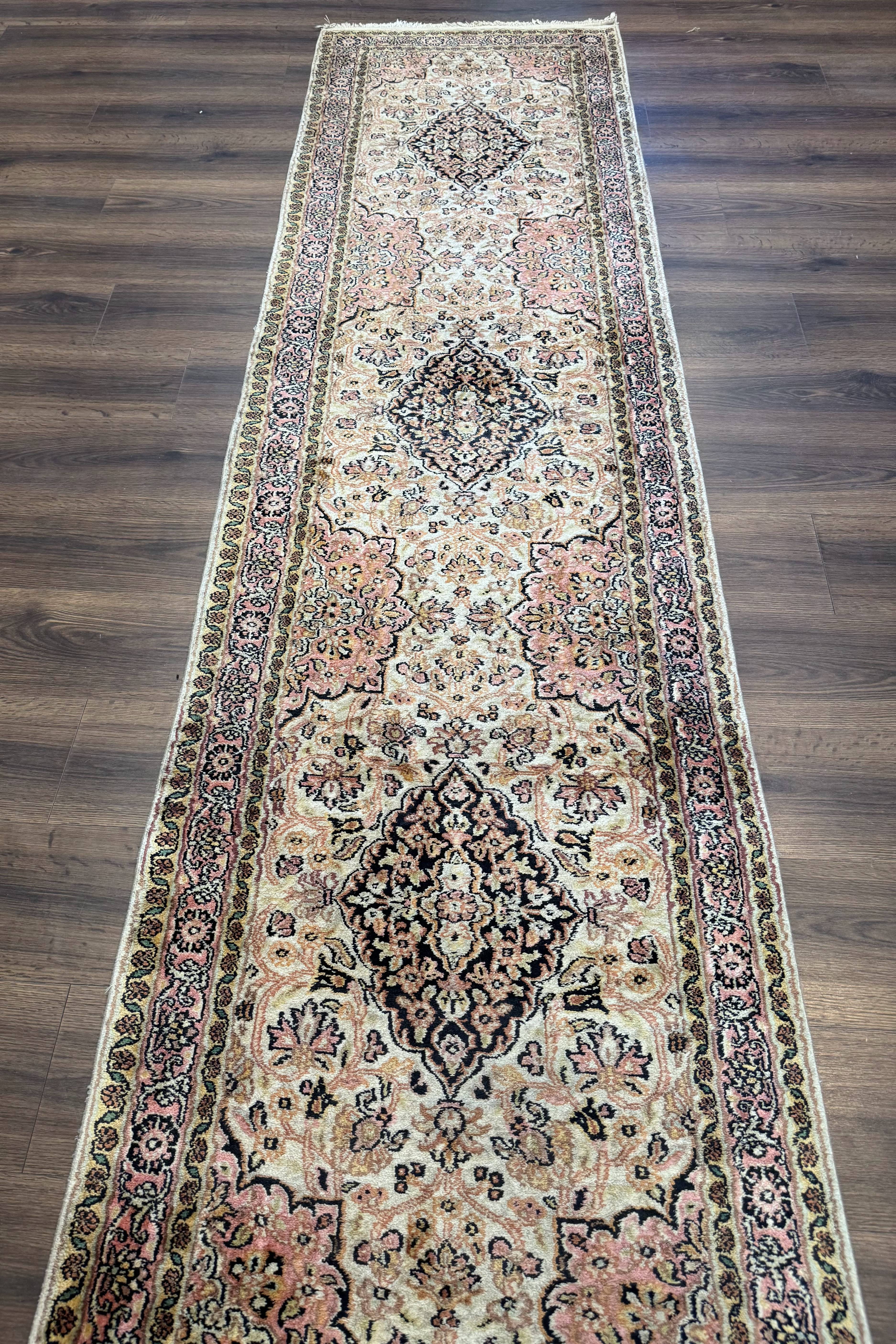 Silk Indian Kashmiri Runner Rug 2.7 x 9.8, Floral Medallions