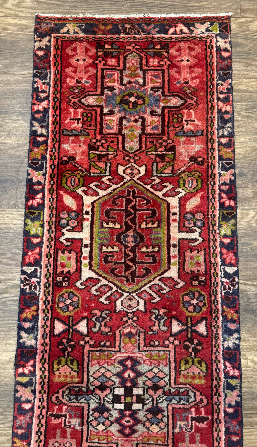 Persian Heriz Karajeh Runner Rug 2x9, Geometric Medallions, Red Navy Blue, 2 x 9 Rug for Hallway