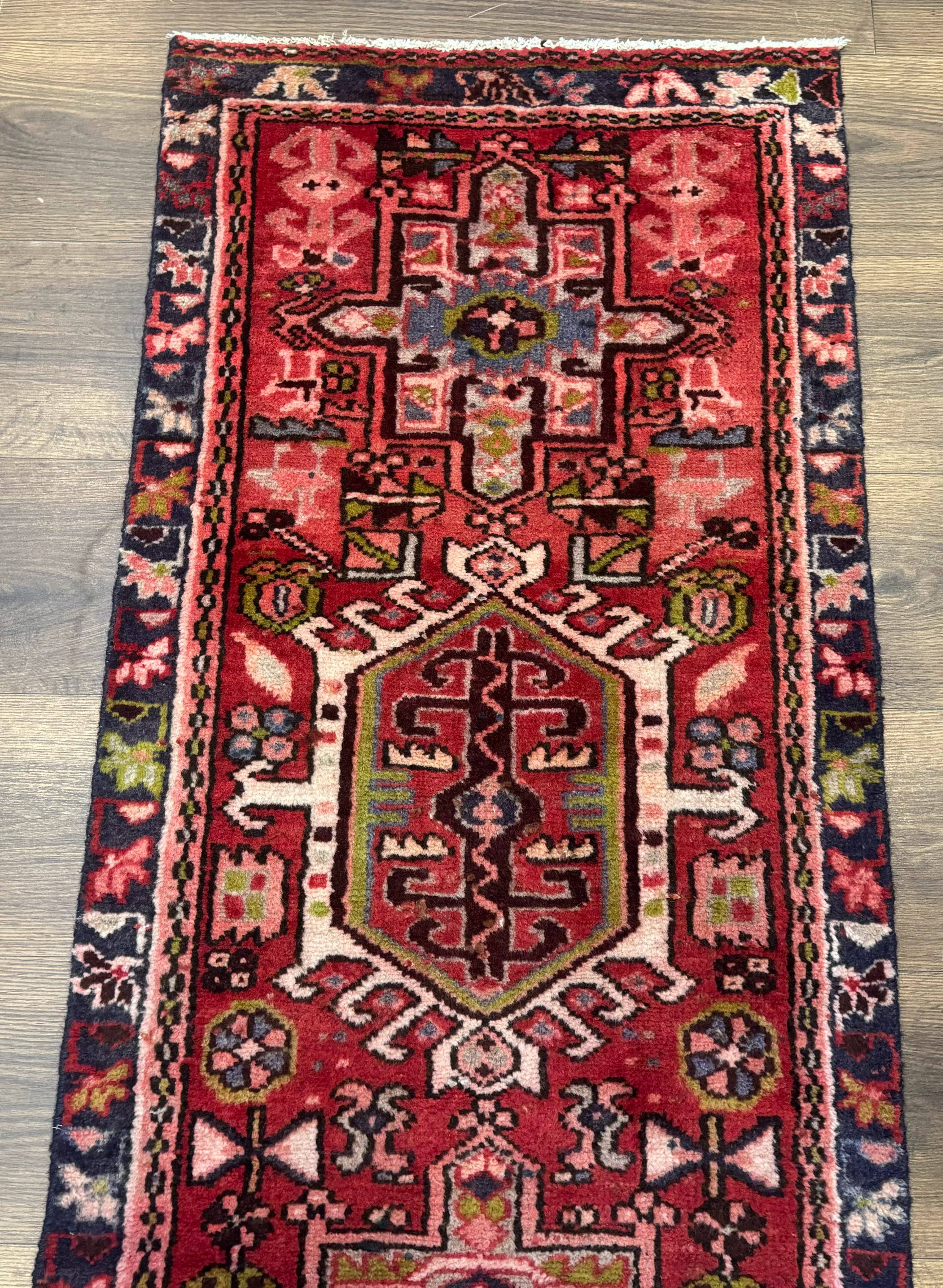 Persian Heriz Karajeh Runner Rug 2x9, Geometric Medallions, Red Navy Blue, 2 x 9 Rug for Hallway