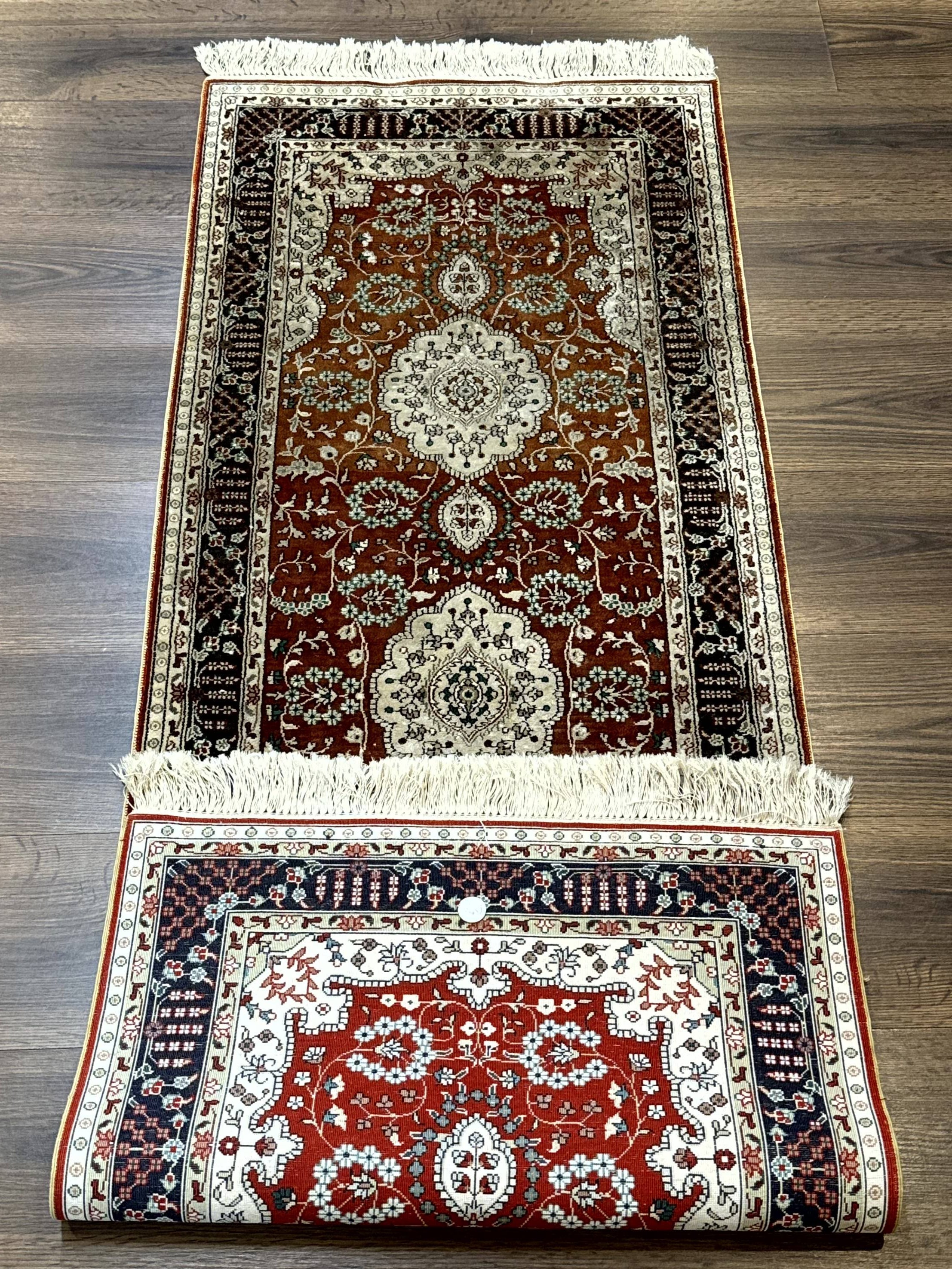 Turkish Silk Narrow Runner Rug 2 x 5.8, Very Fine 340 KPSI, Floral Medallions, Red