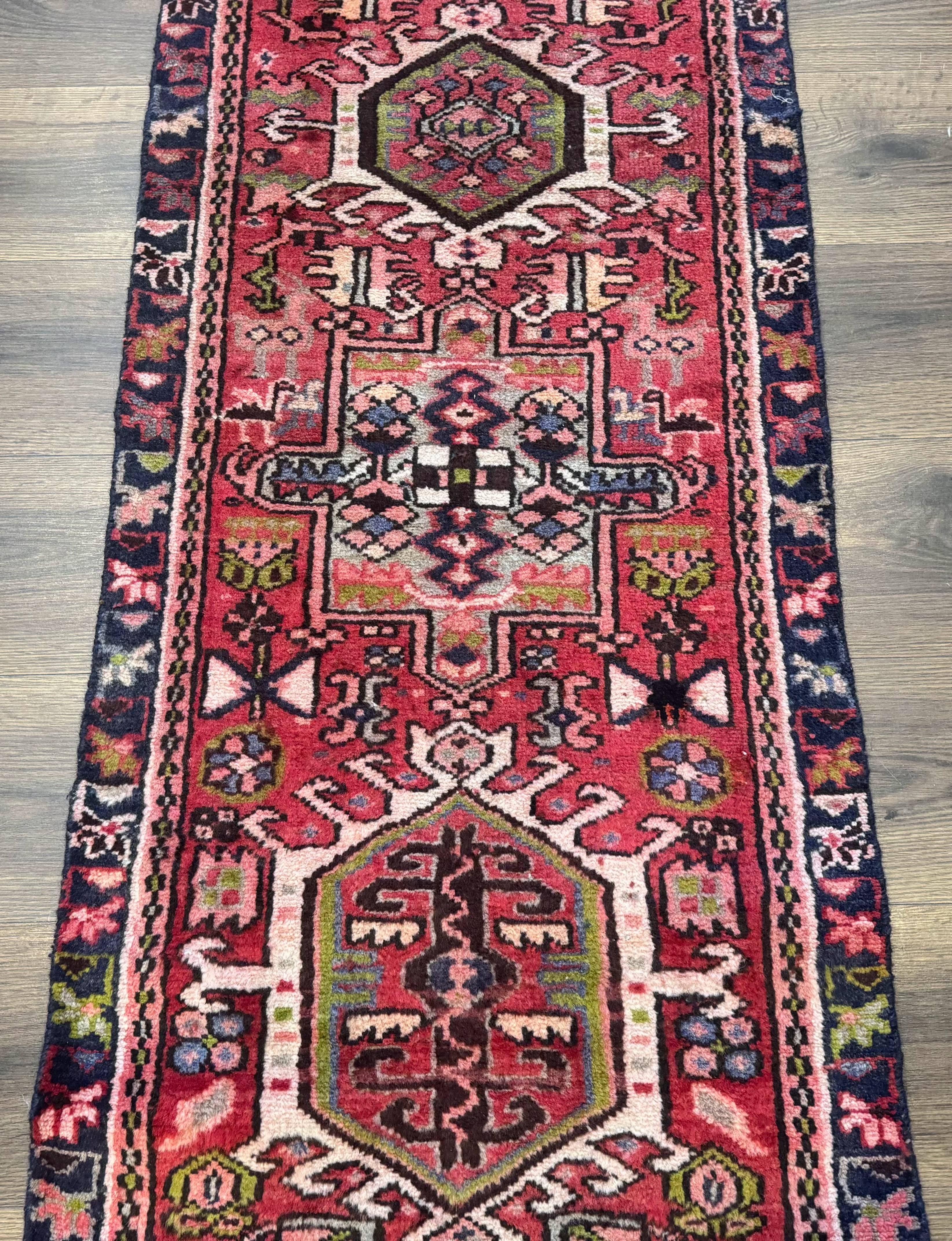 Persian Heriz Karajeh Runner Rug 2x9, Geometric Medallions, Red Navy Blue, 2 x 9 Rug for Hallway