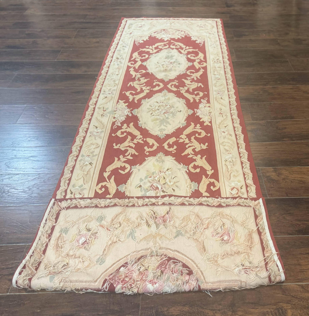 Aubusson Runner Rug 3x10, European Design, Red and Beige, Elegant, Handmade Wool Rug
