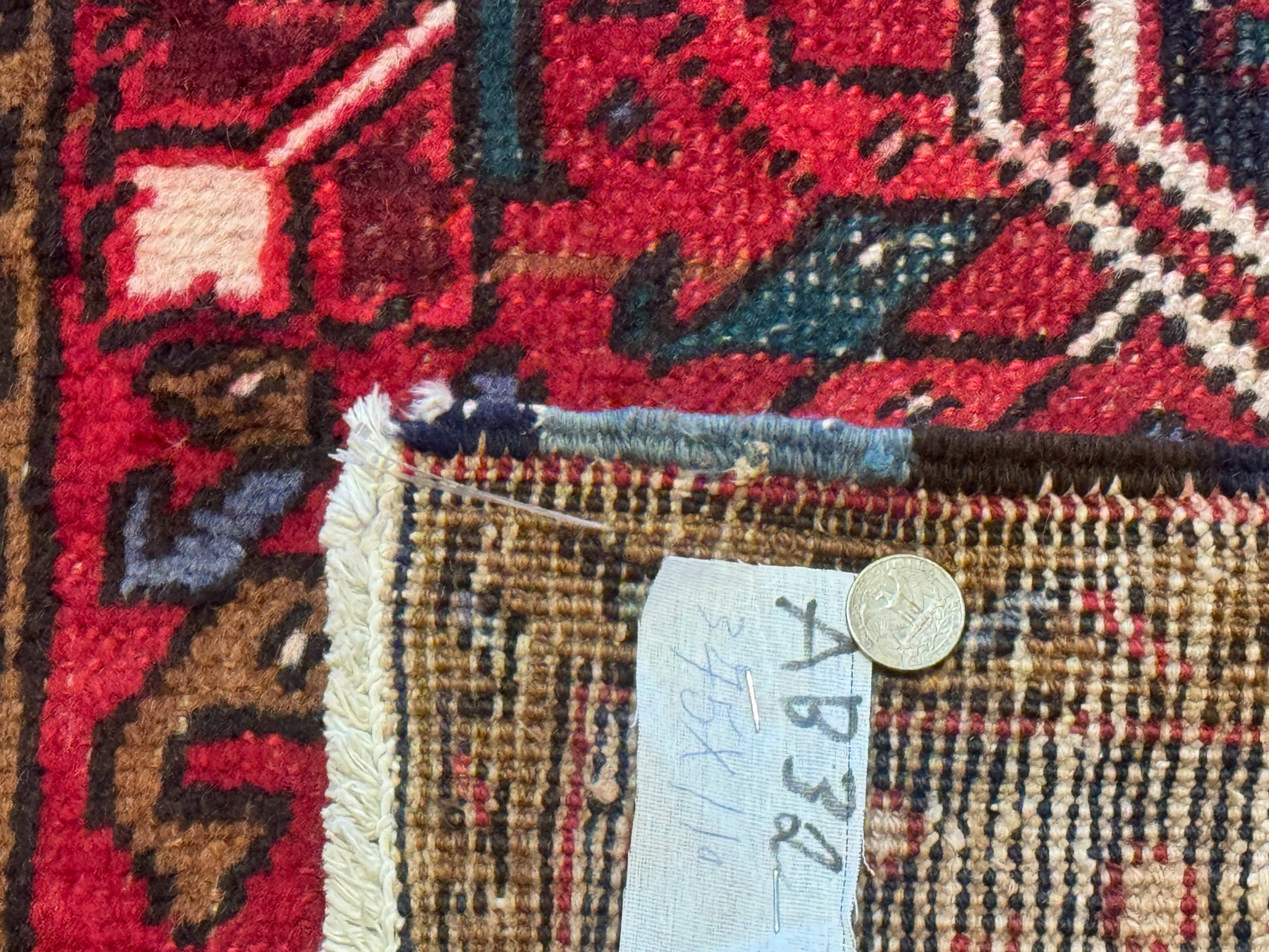 Persian Heriz Karajeh Runner Rug 3.7 x 12, Geometric Medallions, Red and Navy Blue