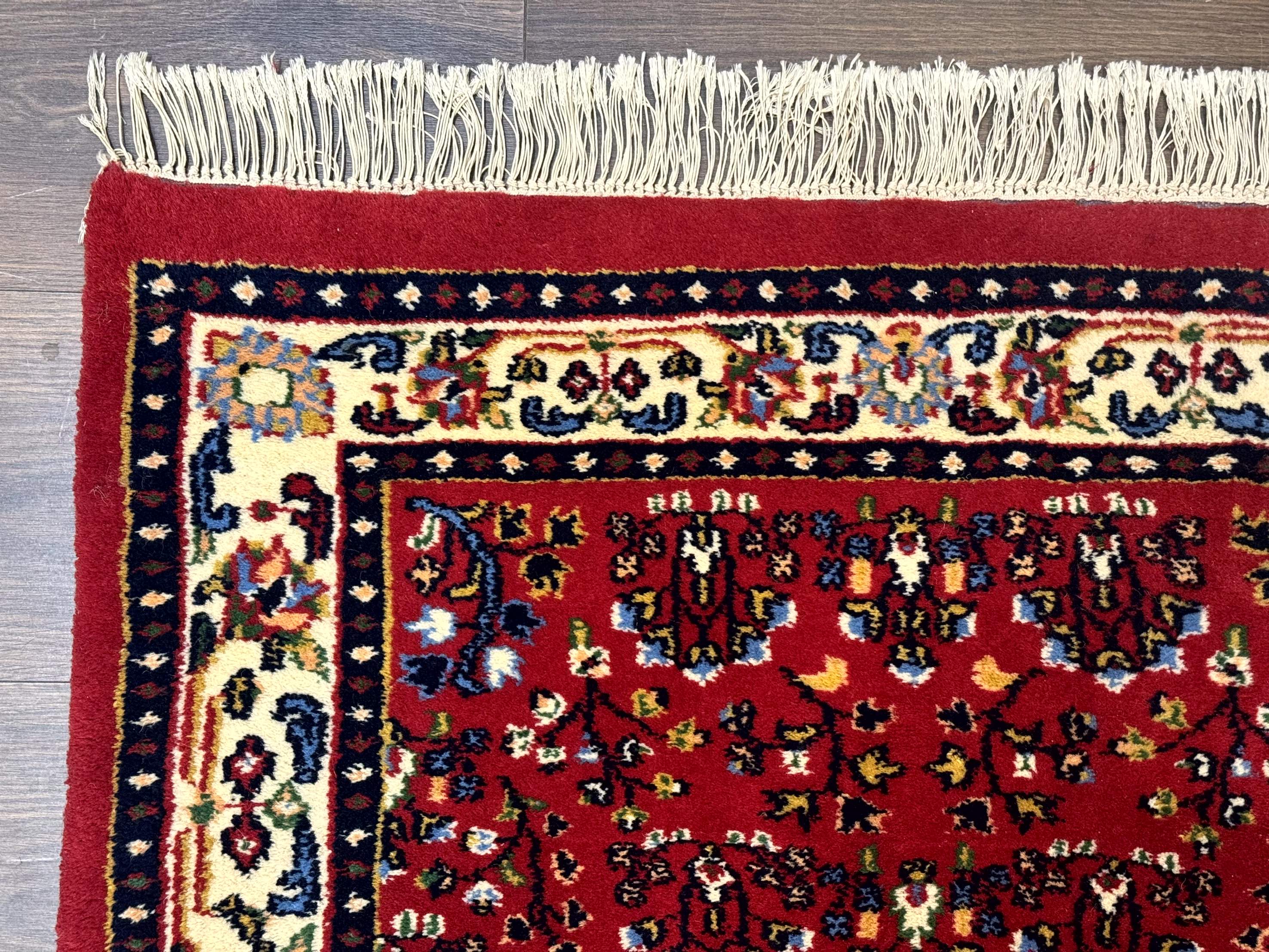 Indo Persian Sarouk Runner Rug 3 x 12, Red and Cream, Allover Pattern, 12ft Runner, Hand Knotted