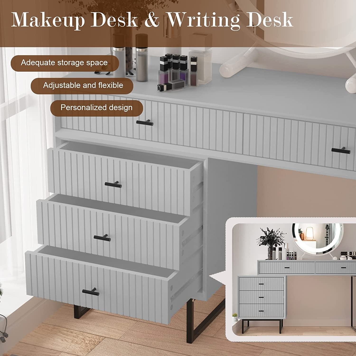 Modern White Vanity Desk – 5-Drawer Adjustable Layout with Side Cabinet